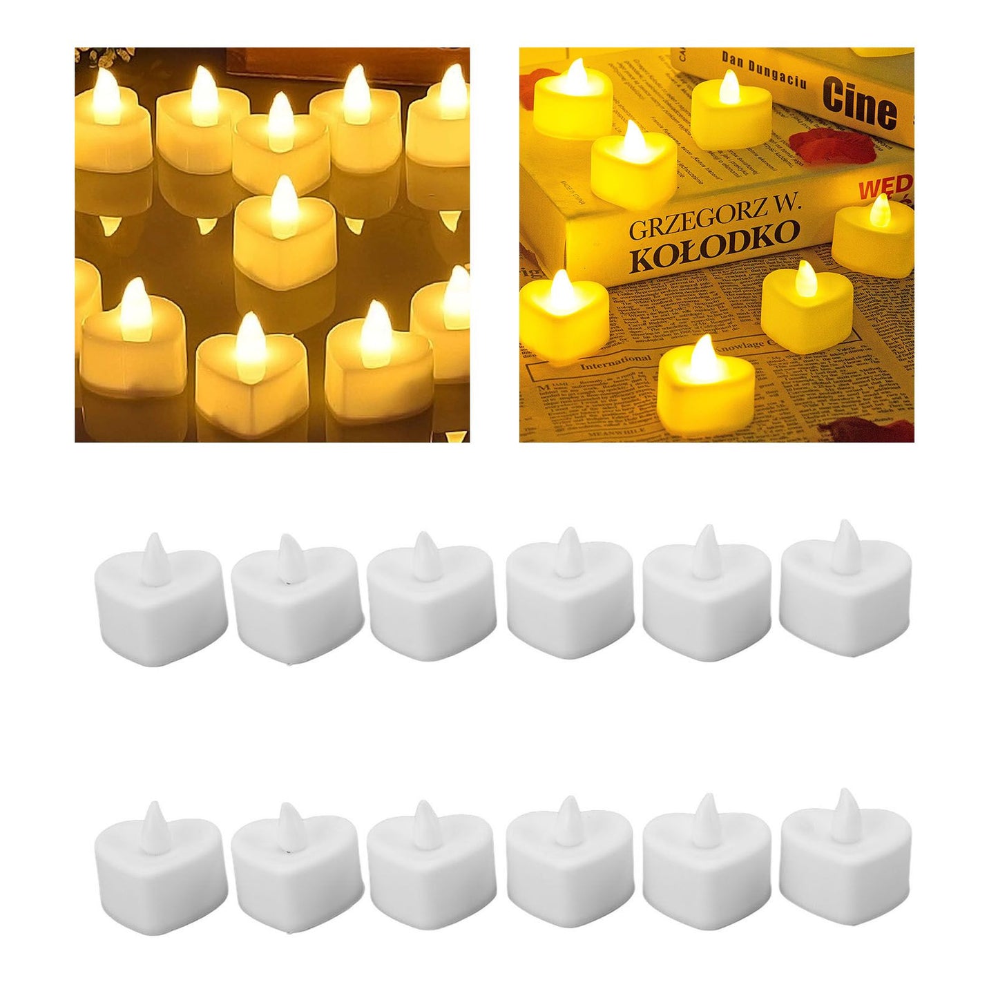 12Pcs LED Tea Lights Heart Shaped Flameless Battery Operated Electronic Fake Candles Wedding Party Decoration White