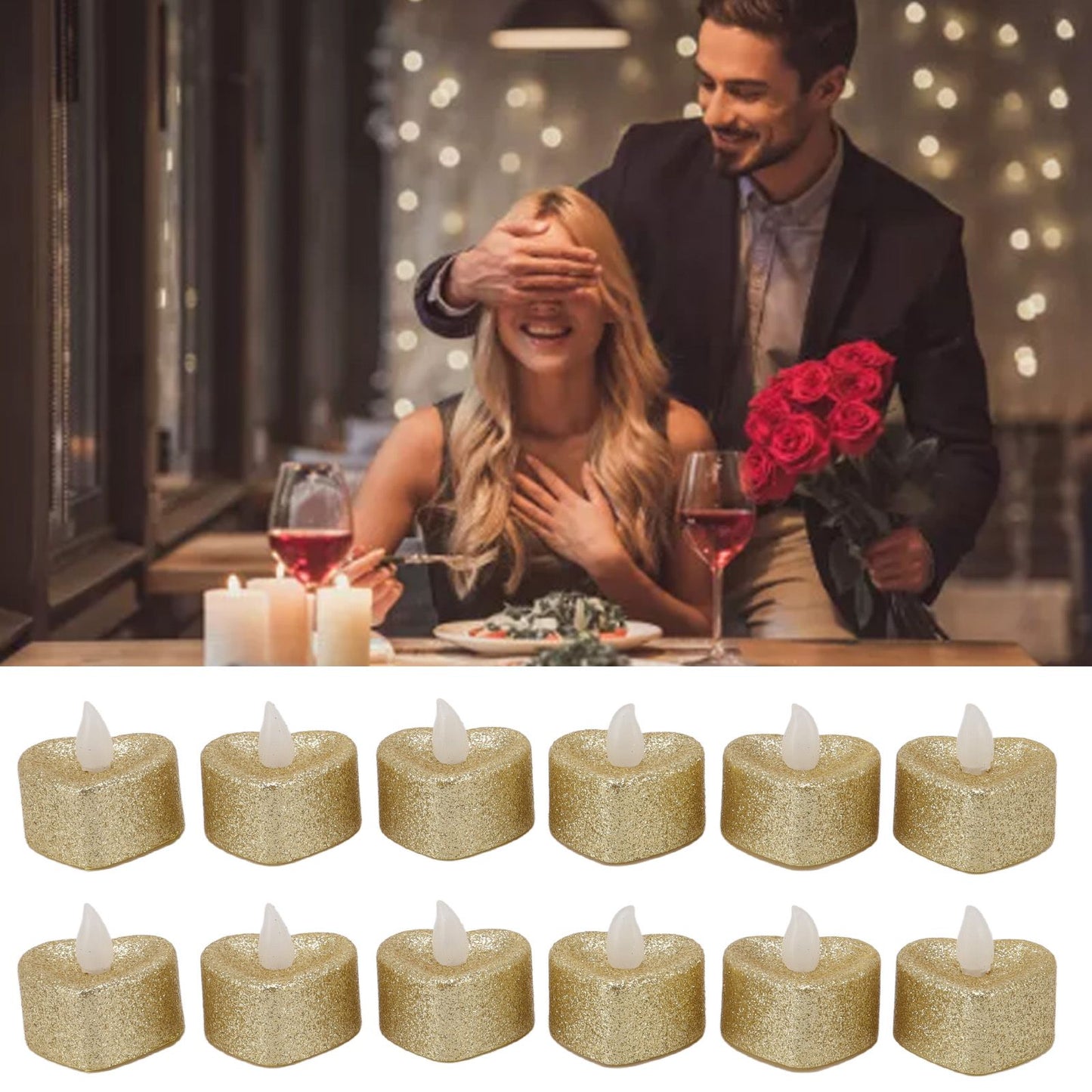 12 PCS LED Candle Lamp Gold Powder Heart Shape Tea Lights Secret Room Props for Christmas Wedding Party
