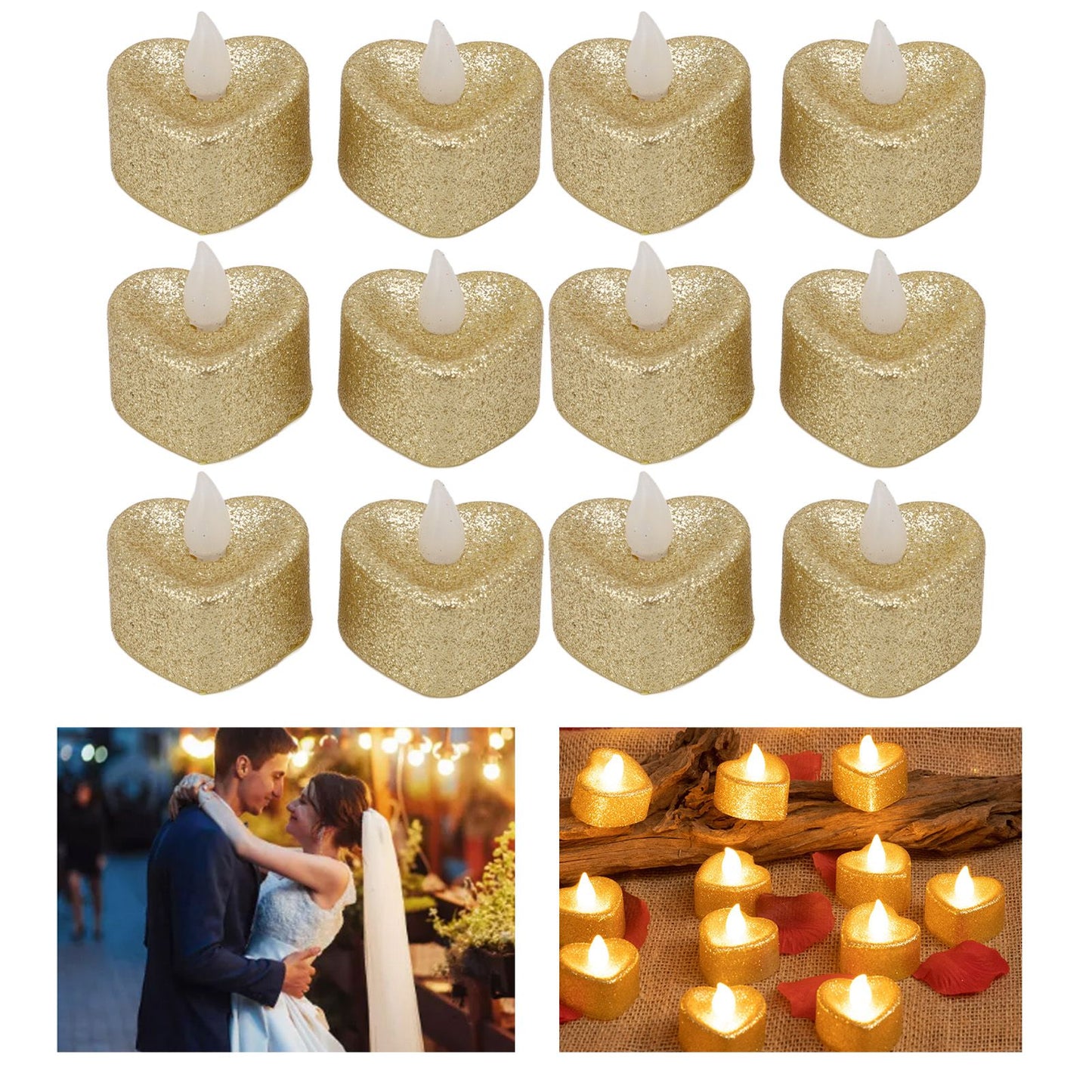 12 PCS LED Candle Lamp Gold Powder Heart Shape Tea Lights Secret Room Props for Christmas Wedding Party