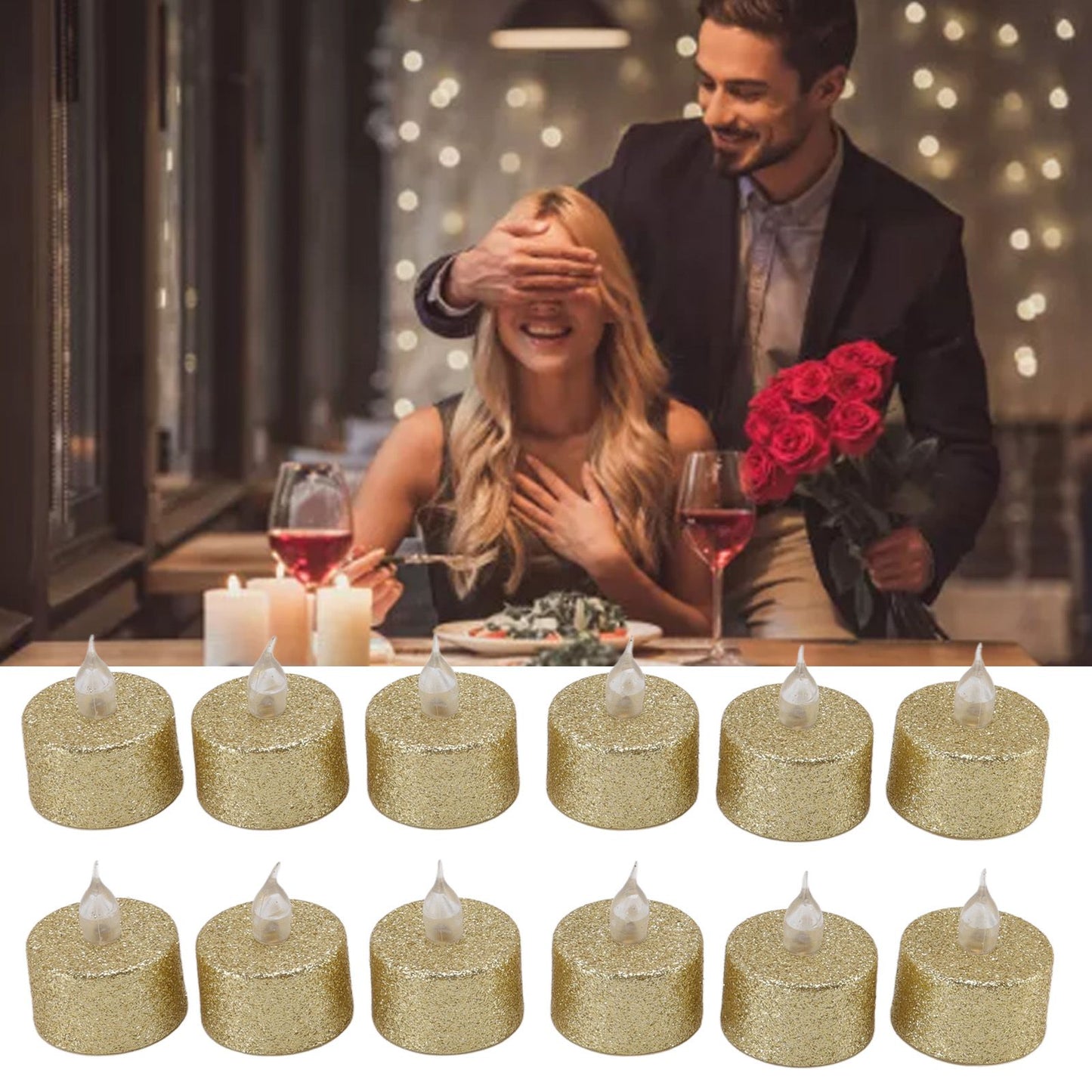 LED Candle Light Flameless Battery Operated Decorative Electronic Tea Light for Christmas Wedding 12pcs Gold