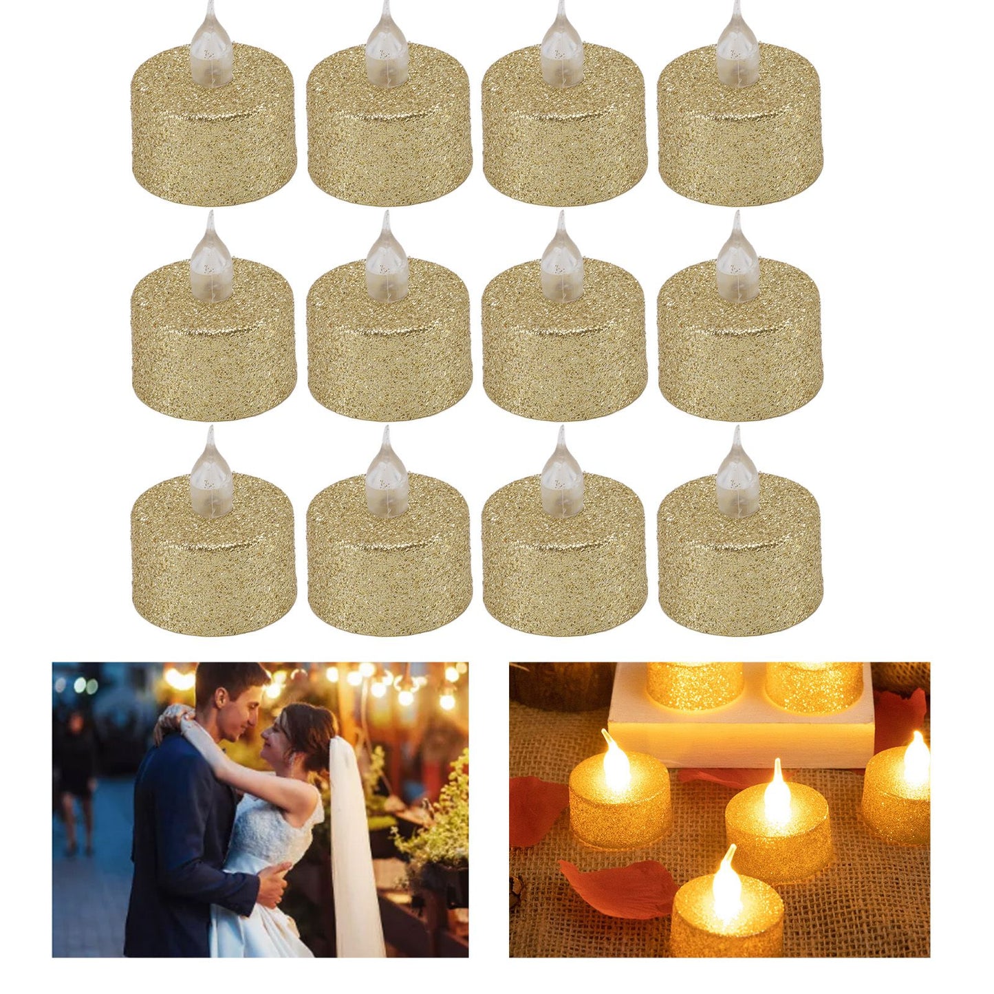 LED Candle Light Flameless Battery Operated Decorative Electronic Tea Light for Christmas Wedding 12pcs Gold