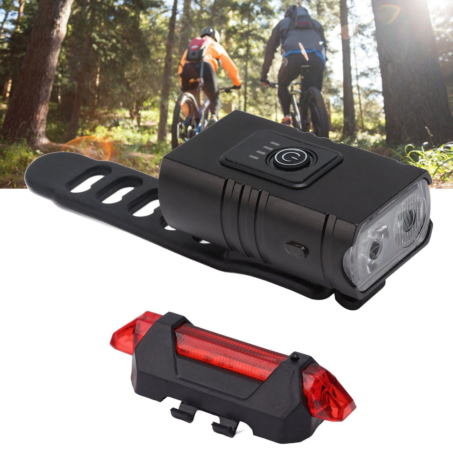 LED Cycling Light Kit Bike Front and Tail Lamps with Battery USB Charging Outdoor Riding Lamp Set