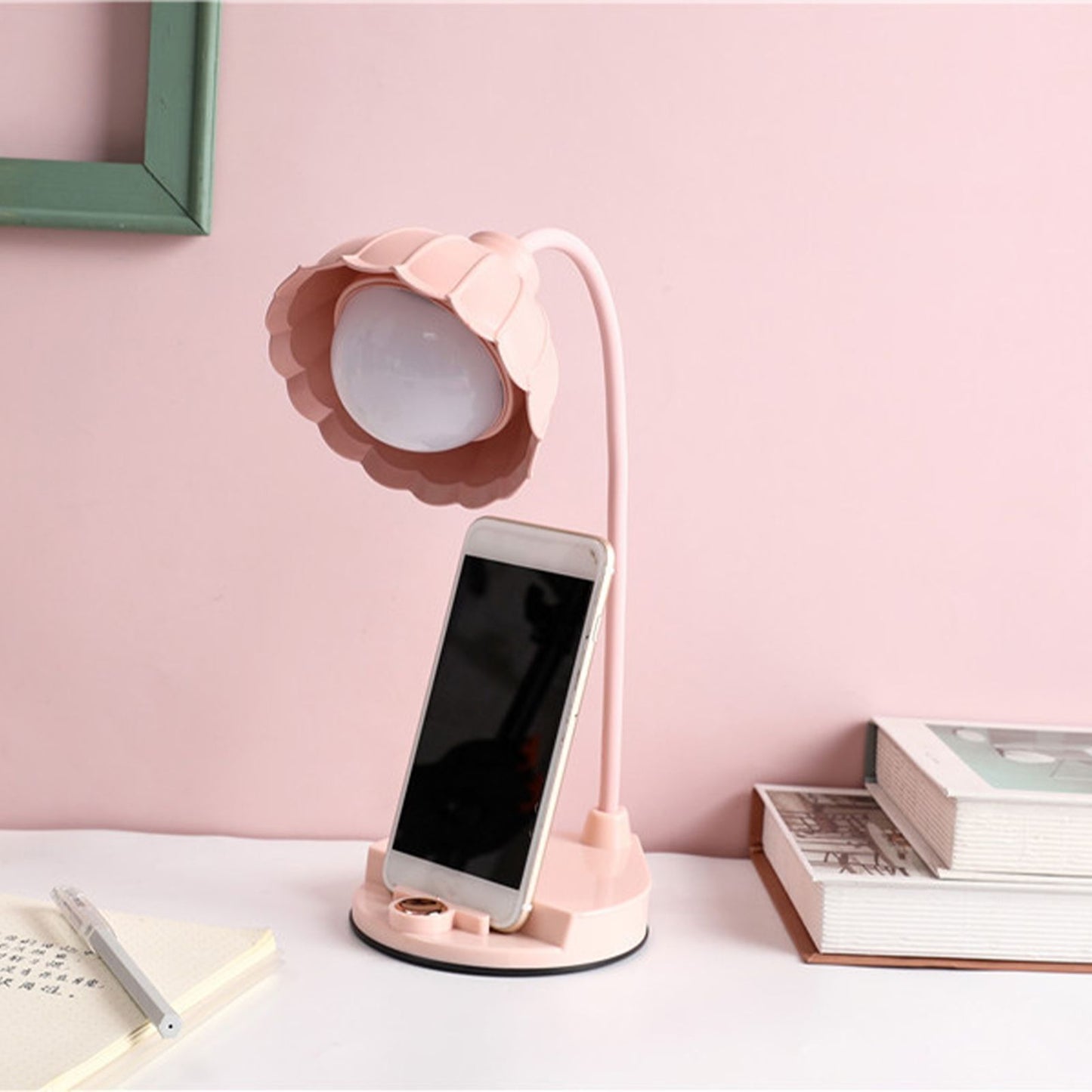 LED Reading Light Plastic Flower Shaped Touch Sensitive USB Charging Folding Table Lamp for Bedroom Dormitory Pink