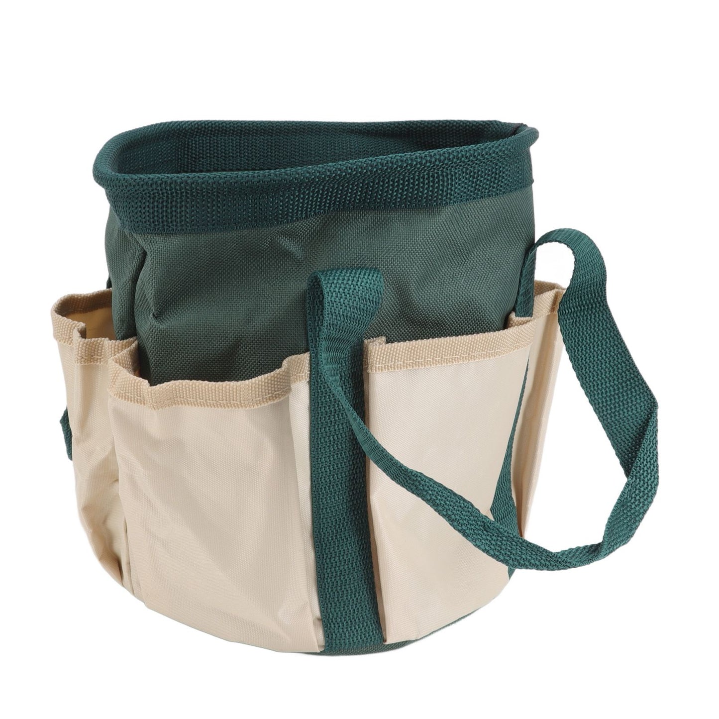 Round Garden Tools Bag 6 Pockets Oxford Cloth Gardening Tool Storage Tote for Men Women Gardener Green with Cream Color