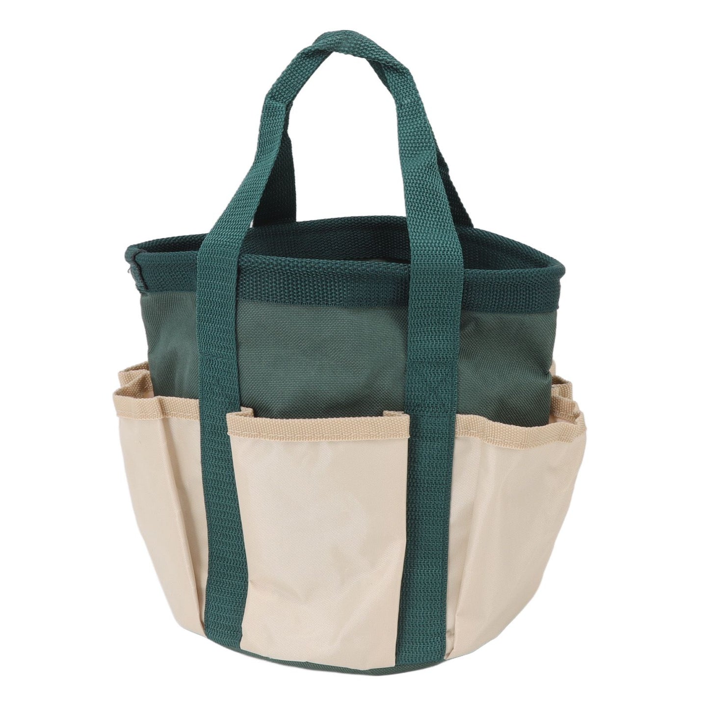 Round Garden Tools Bag 6 Pockets Oxford Cloth Gardening Tool Storage Tote for Men Women Gardener Green with Cream Color