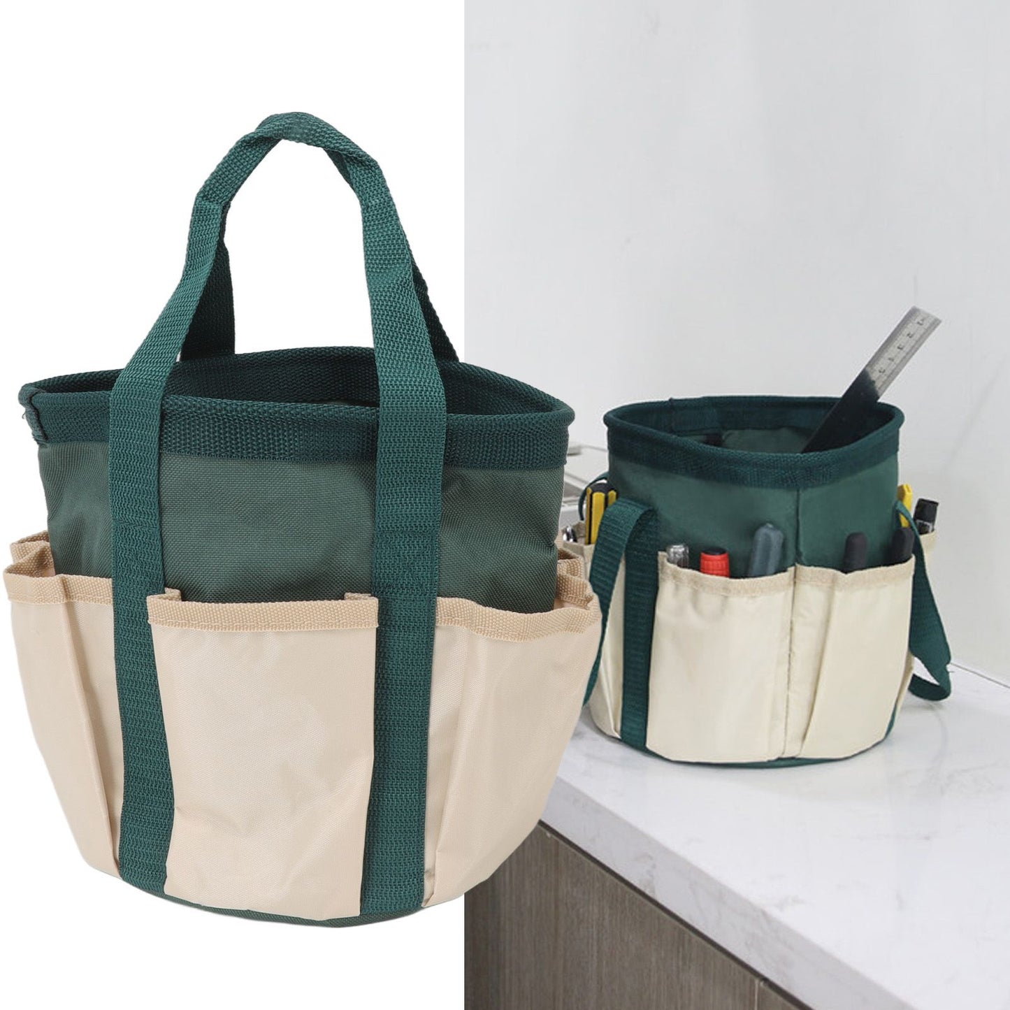 Round Garden Tools Bag 6 Pockets Oxford Cloth Gardening Tool Storage Tote for Men Women Gardener Green with Cream Color