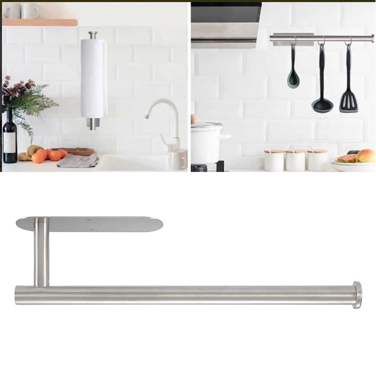 Paper Towel Holder 304 Stainless Steel Space Saving Decorative Practical Waterproof Hanging Paper Towels Rolls Holder for Home Quadrate Bottom Long Silvery