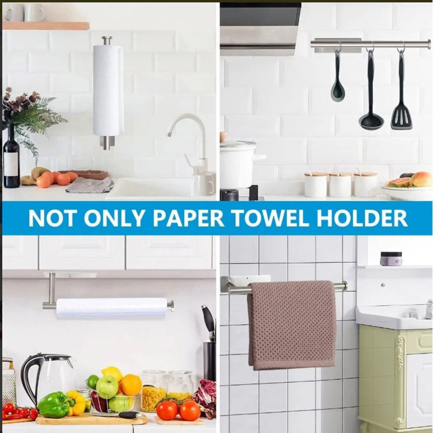 Paper Towel Holder 304 Stainless Steel Space Saving Decorative Practical Waterproof Hanging Paper Towels Rolls Holder for Home Quadrate Bottom Long Silvery