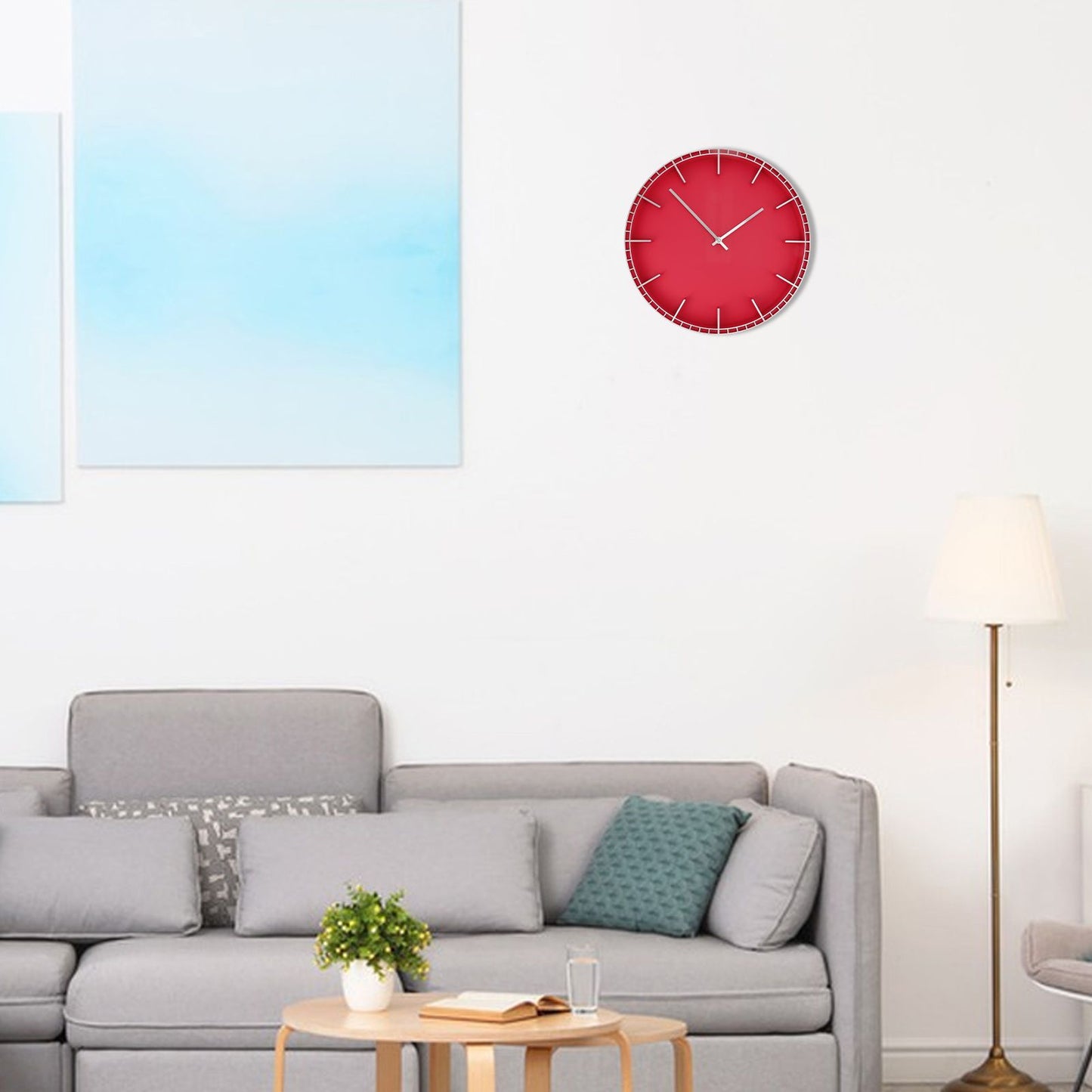 Wall Clock Silent Prevents Ticking Easy To Read Innovative Modern Round Wall Clock for Home Office Kitchen Bedroom 5686 Silver with Red (37.7x3cm / 14.8x1.2in)