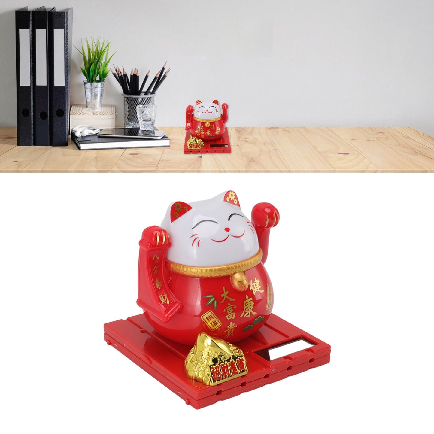 Solar Powered Waving Red Fat Cat Good Luck Wealth Welcoming Lucky Fortune Cat Home Room Office Desktop Decoration Large Size