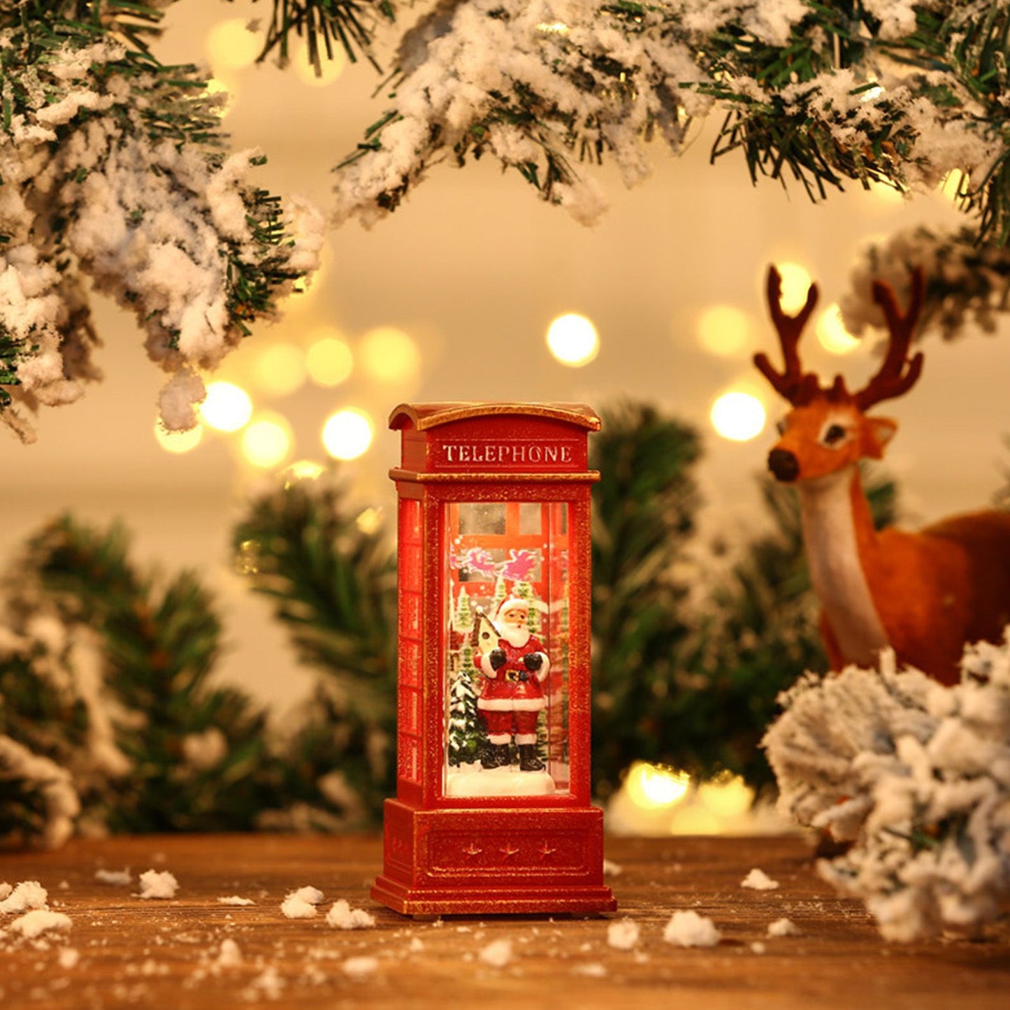 Snow Globe Lantern Telephone Booth Designed Christmas Luminous Ornament for Bar KTV Decoration Santa