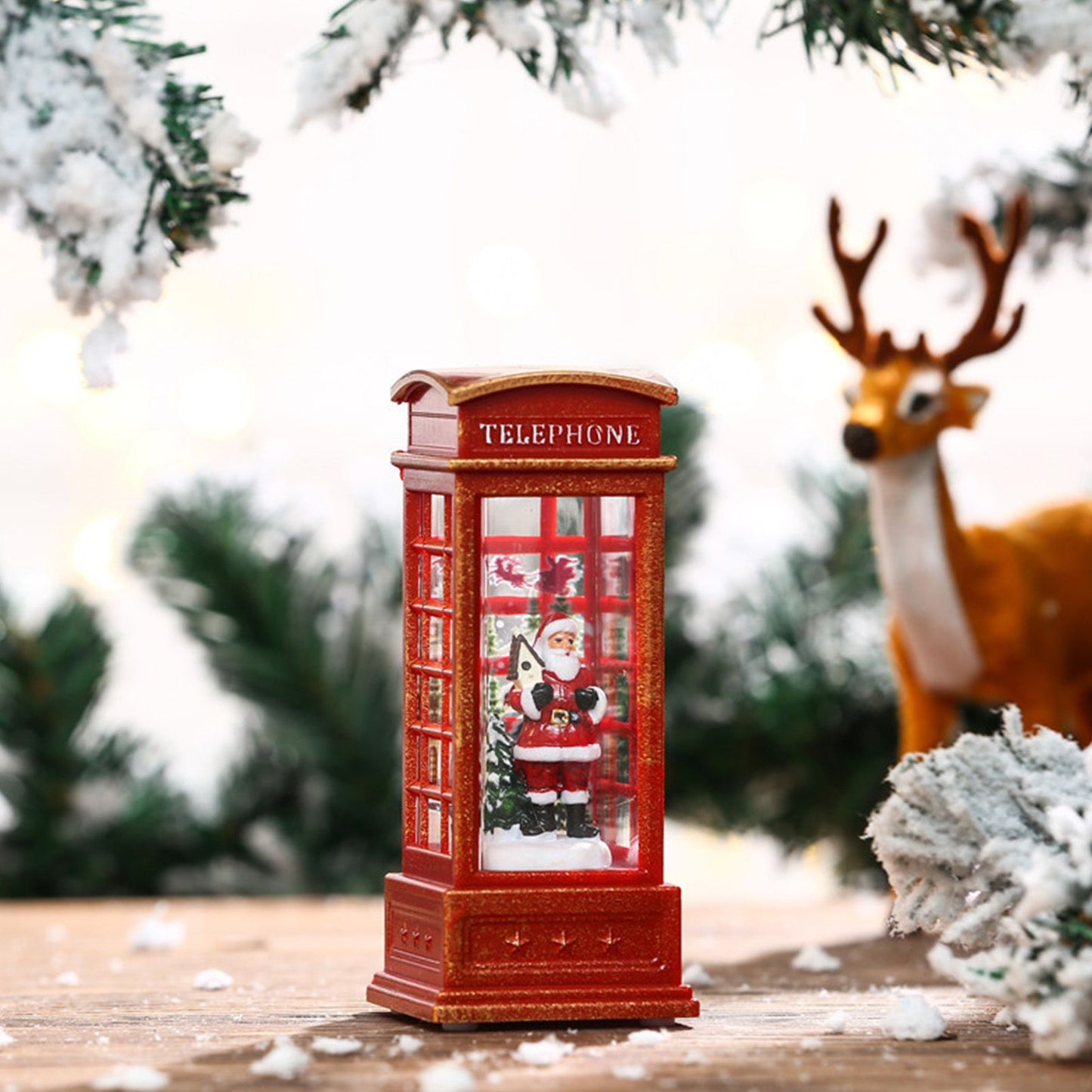 Snow Globe Lantern Telephone Booth Designed Christmas Luminous Ornament for Bar KTV Decoration Santa