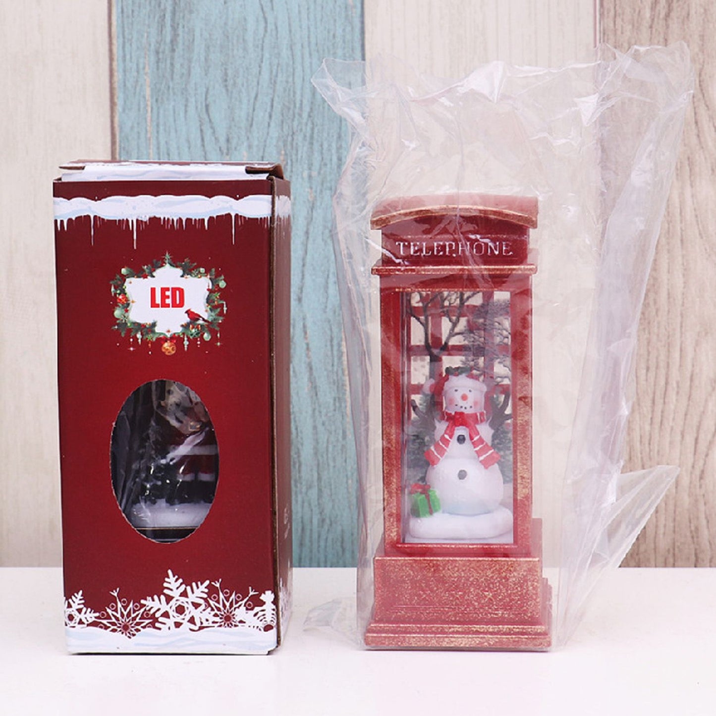 Snow Globe Lantern Telephone Booth Designed Christmas Luminous Ornament for Bar KTV Decoration Snowman