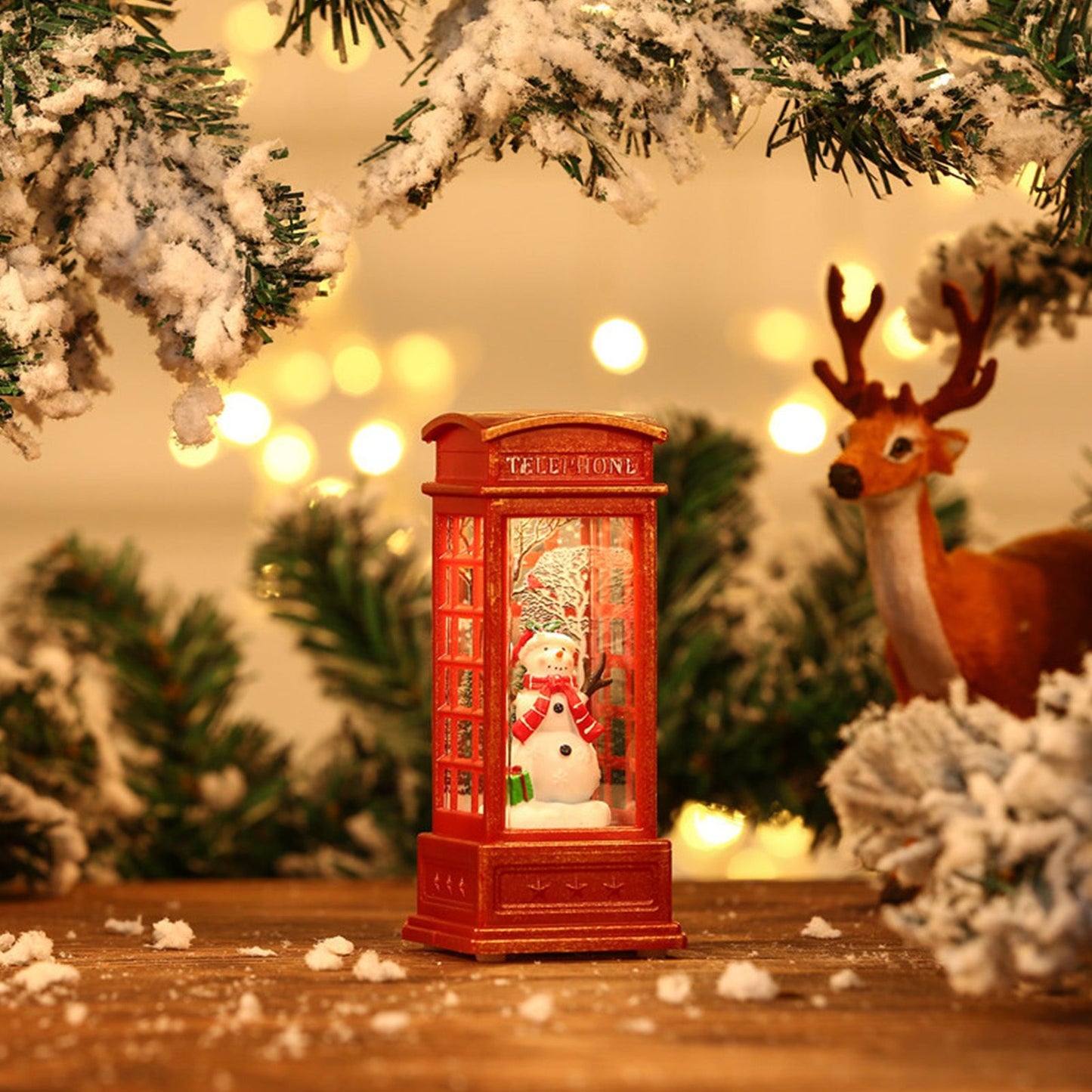 Snow Globe Lantern Telephone Booth Designed Christmas Luminous Ornament for Bar KTV Decoration Snowman