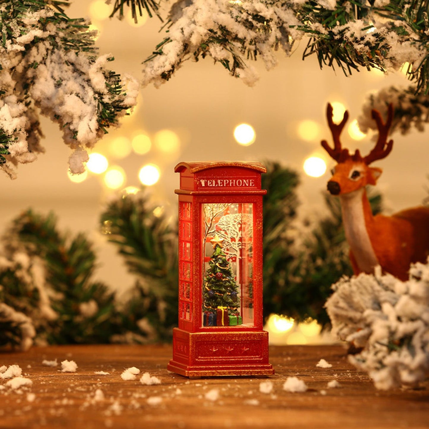Snow Globe Lantern Telephone Booth Designed Christmas Luminous Ornament for Bar KTV Decoration Christmas Tree