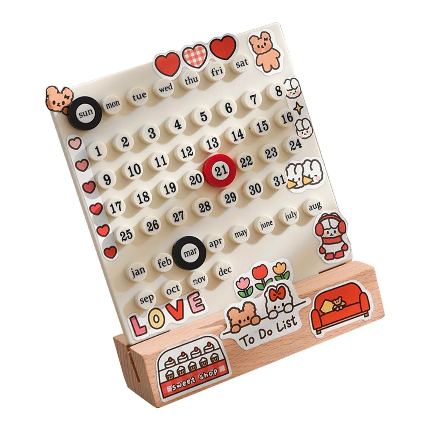 Desk Date Planner Integrated Molding Ring Table Calendar Ornaments for DIY Home Stationer Decoration Birch and ABS White