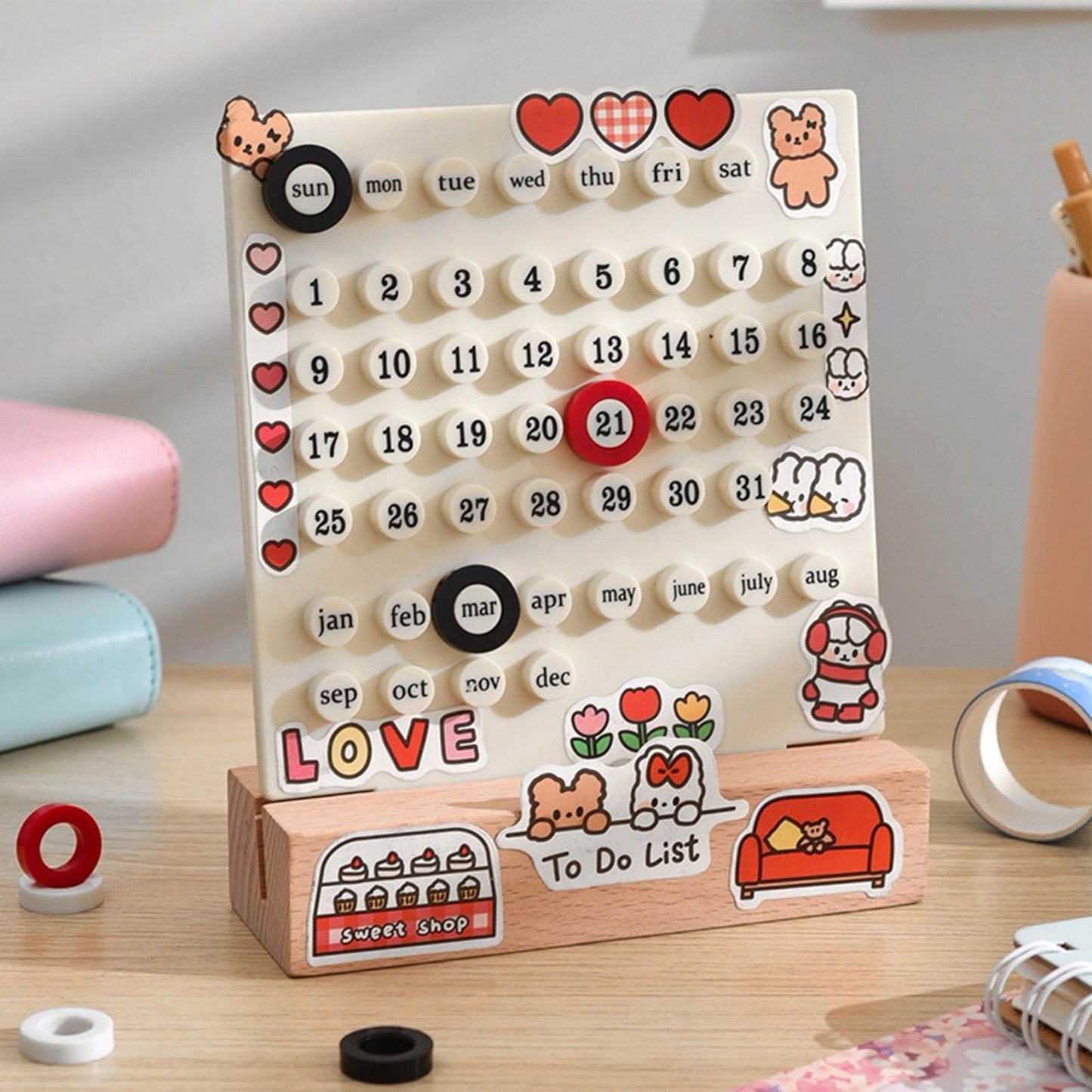 Desk Date Planner Integrated Molding Ring Table Calendar Ornaments for DIY Home Stationer Decoration Birch and ABS White