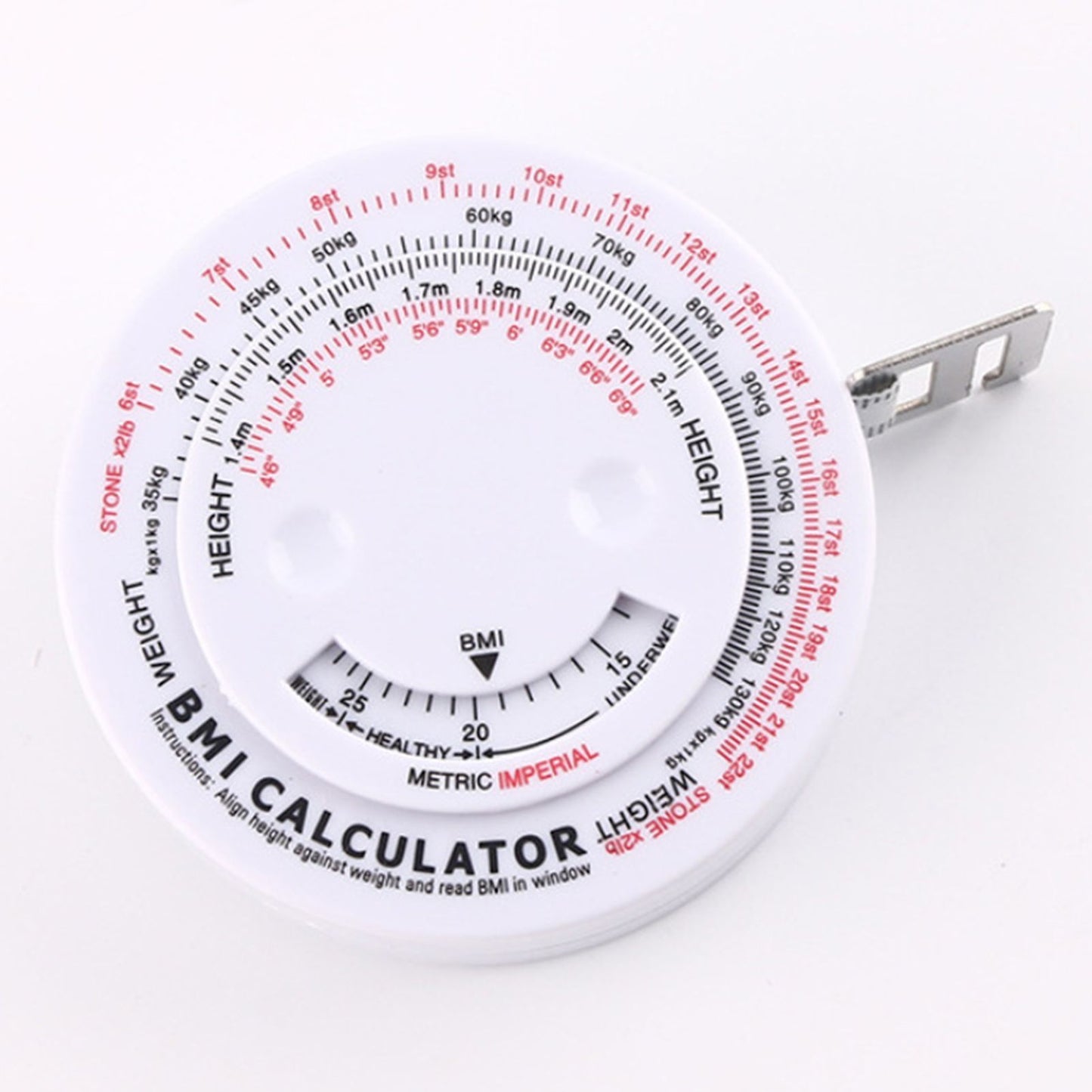 Round BMI Measuring Tape Automatic Retractable Waistline Tape Calculator Portable Health Tape Measures Tools White