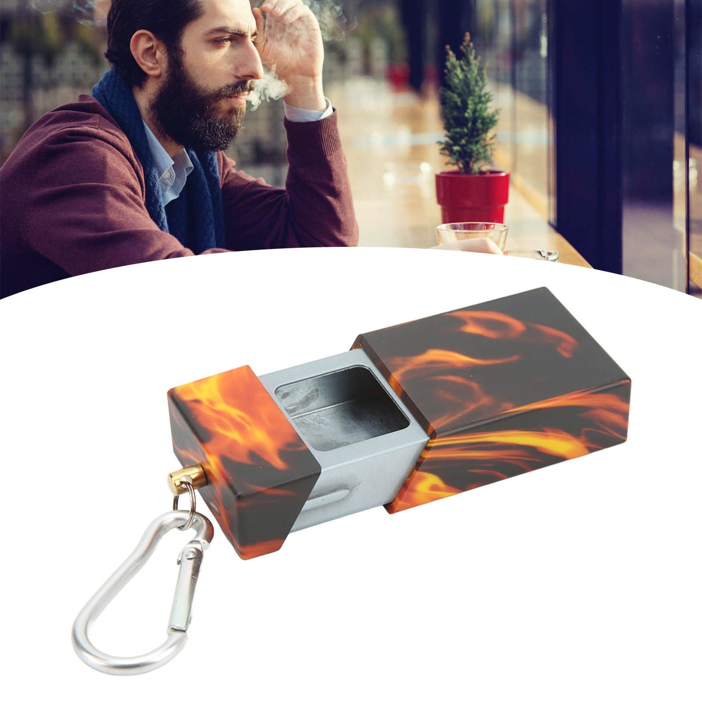 Pocket Ashtray Mini Portable Stainless Steel with Mountaineering Buckle Cigarette Ash Holder for Outdoor Travel Flame