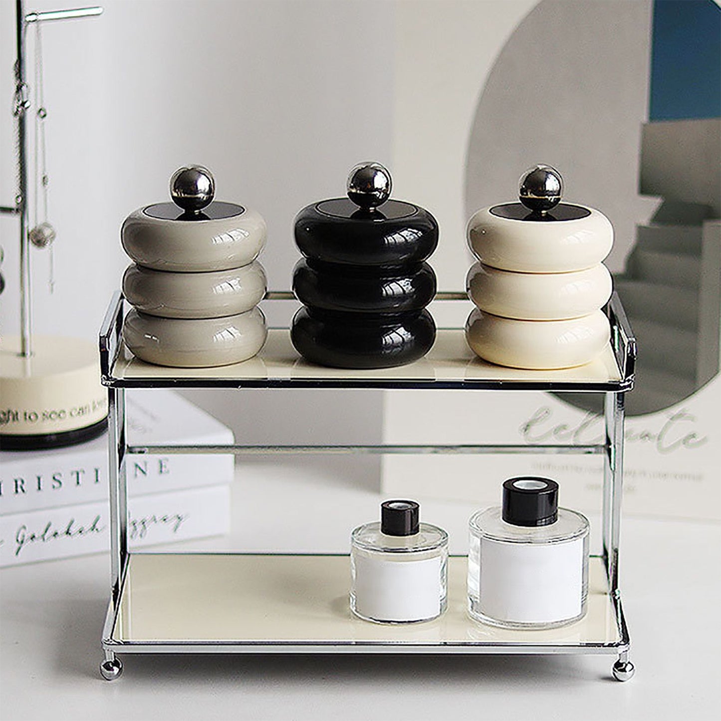 Nordic Style Qtip Holder Dispenser Desktop Dustproof Cotton Swab Storage Container Doughnut Shape Makeup Storage Box with Lid Khaki 3 Layers