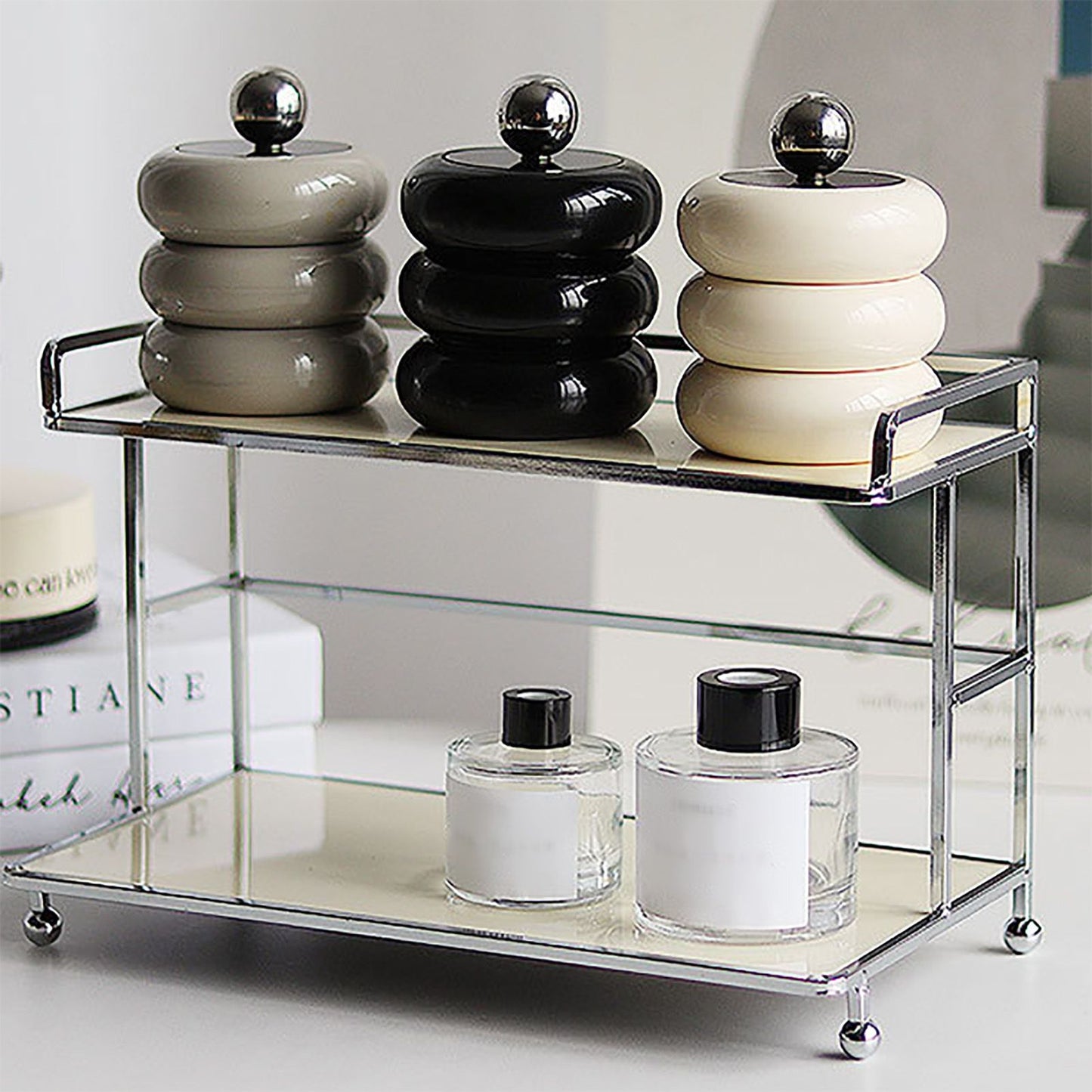 Nordic Style Qtip Holder Dispenser Desktop Dustproof Cotton Swab Storage Container Doughnut Shape Makeup Storage Box with Lid Khaki 3 Layers