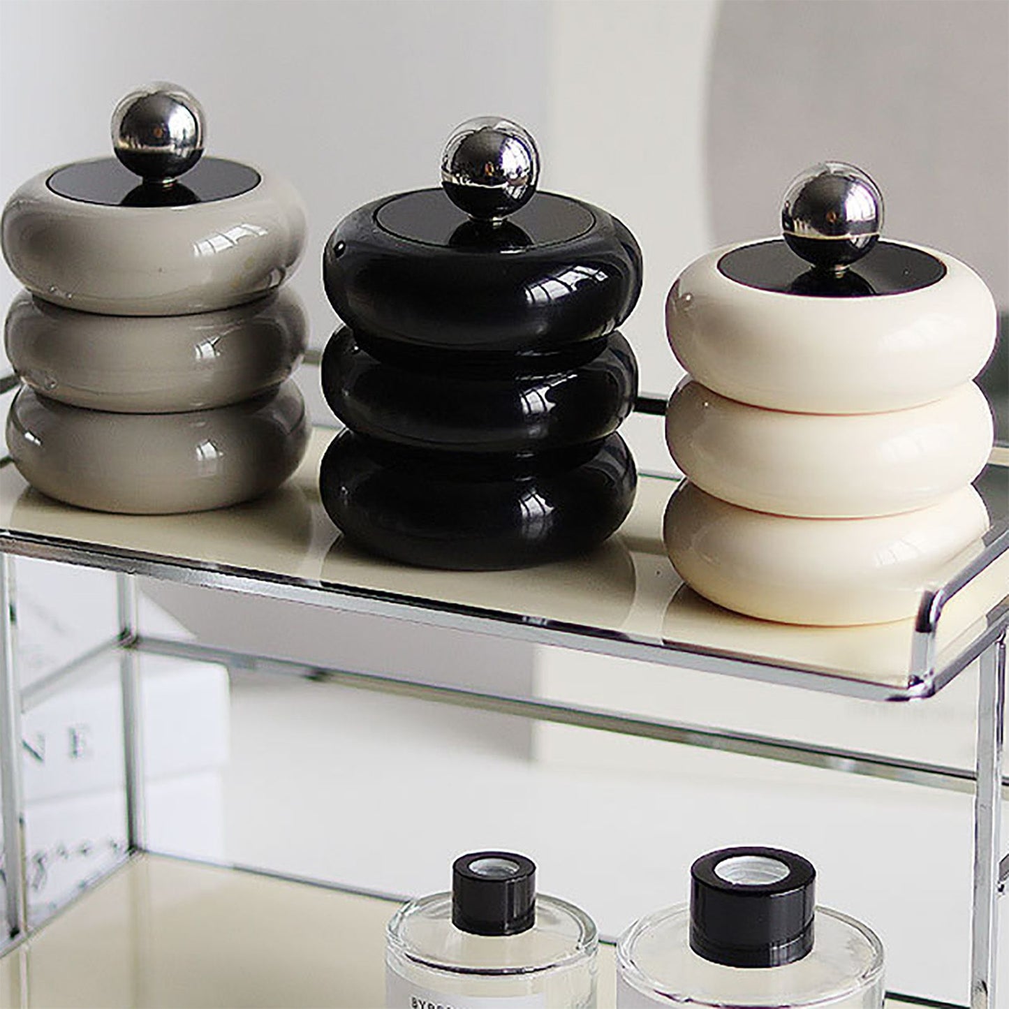 Nordic Style Qtip Holder Dispenser Desktop Dustproof Cotton Swab Storage Container Doughnut Shape Makeup Storage Box with Lid Khaki 3 Layers