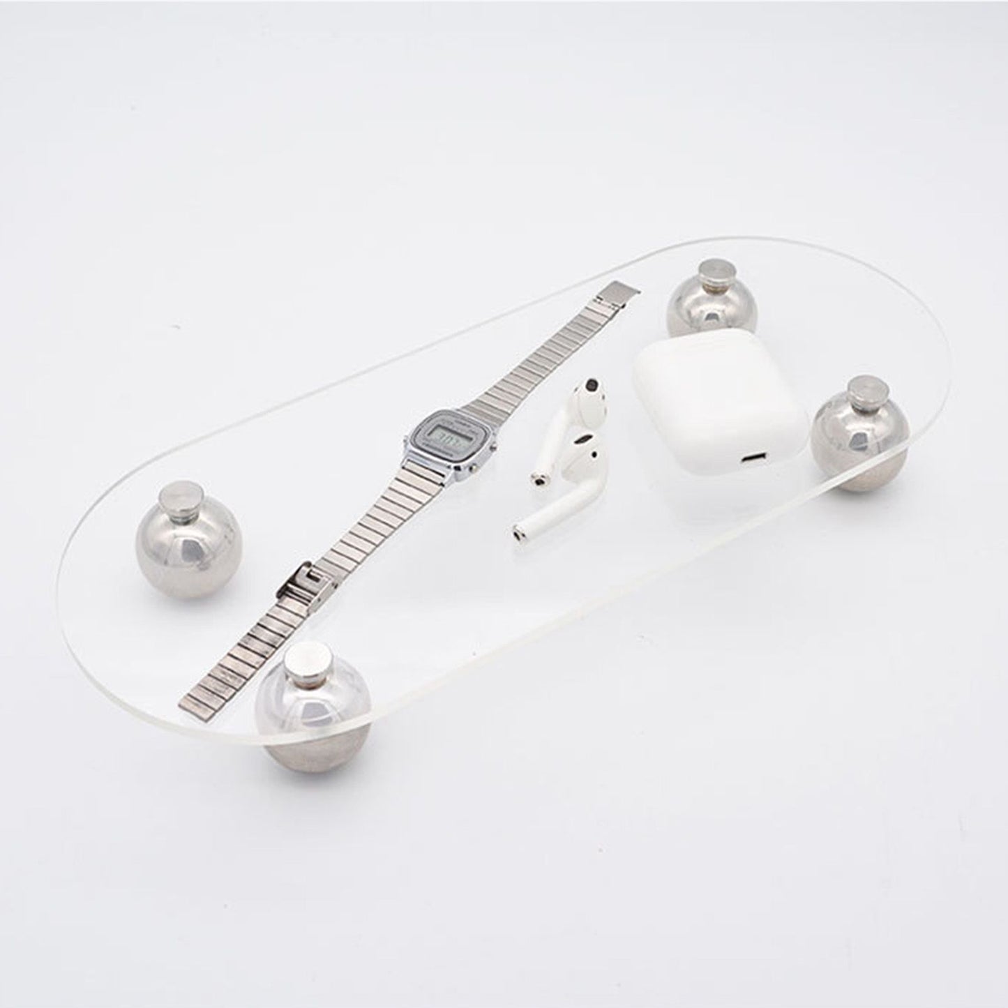 Acrylic Storage Tray Clear Transparent Stainless Steel Round Feet Minimalist Style Decorative Practical Desktop Shelf for Cafes Oval