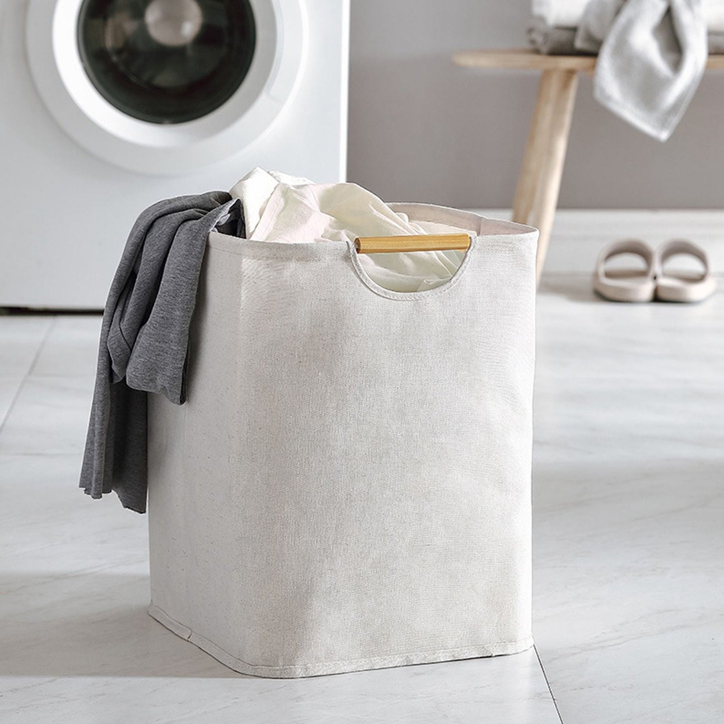 Large Laundry Basket Waterproof Collapsible Laundry Hamper with Wooden Handle for Household Bathroom L 56cm