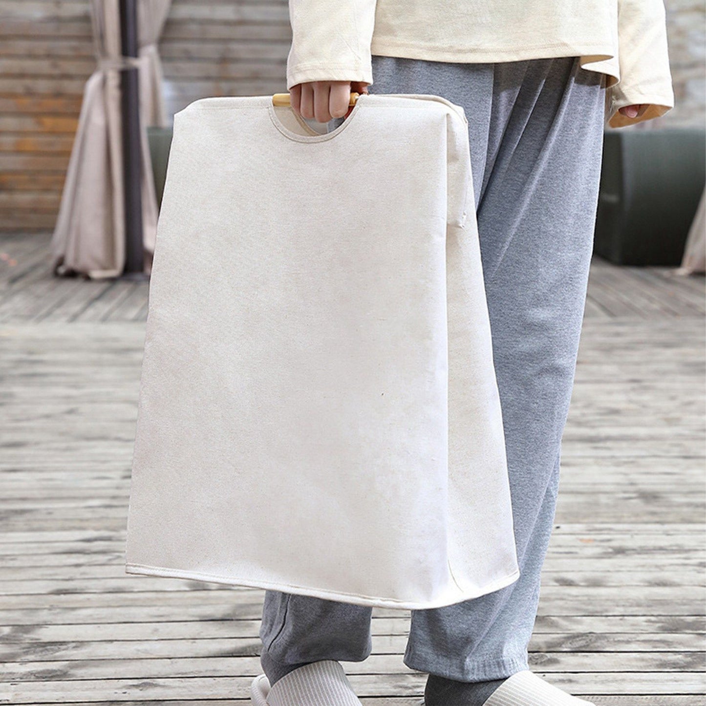 Large Laundry Basket Waterproof Collapsible Laundry Hamper with Wooden Handle for Household Bathroom L 56cm