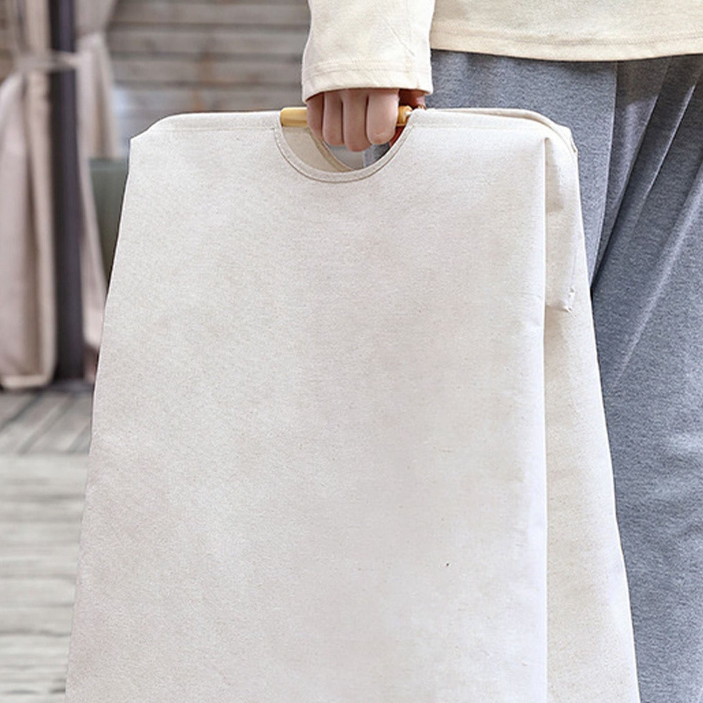 Large Laundry Basket Waterproof Collapsible Laundry Hamper with Wooden Handle for Household Bathroom L 56cm