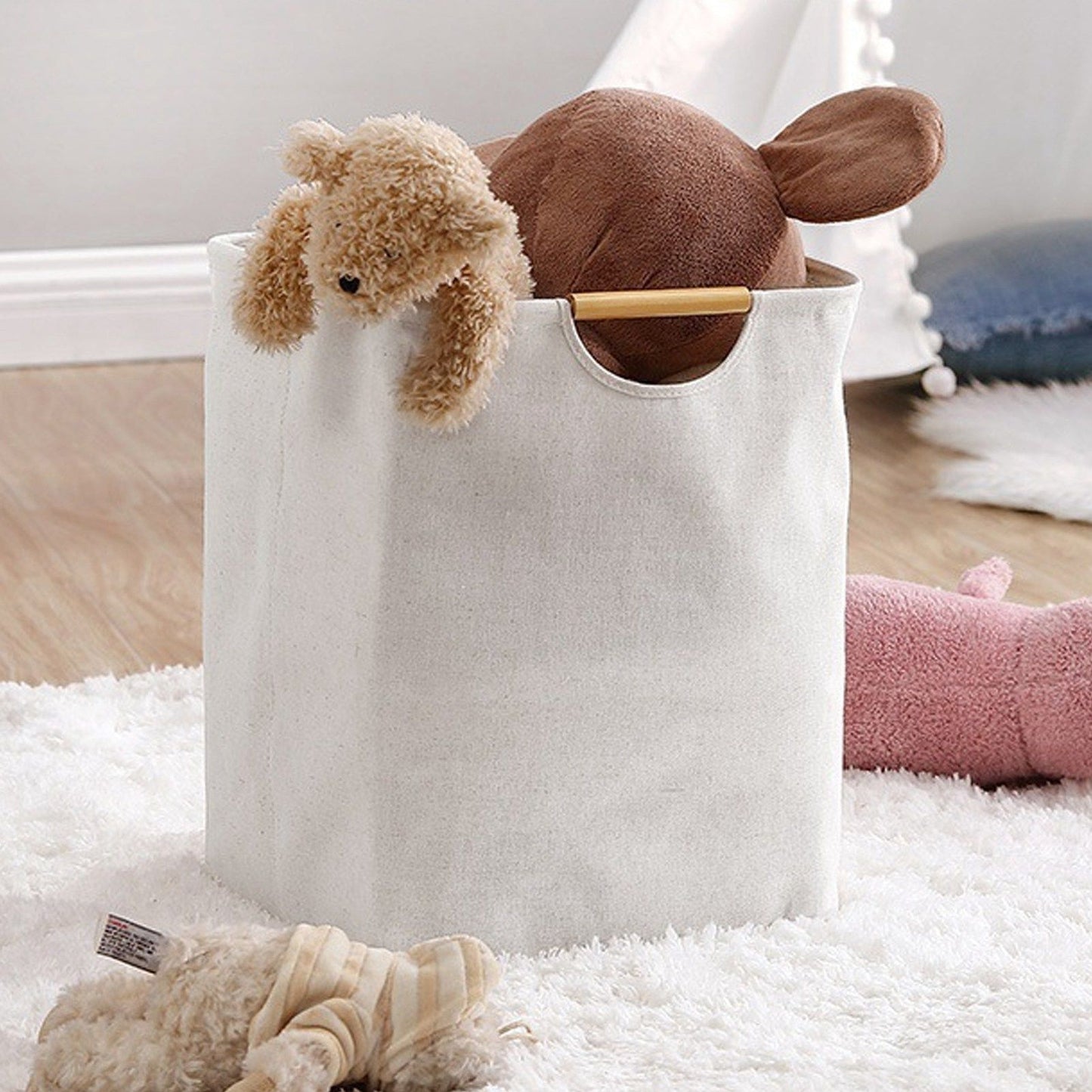 Large Laundry Basket Waterproof Collapsible Laundry Hamper with Wooden Handle for Household Bathroom L 56cm