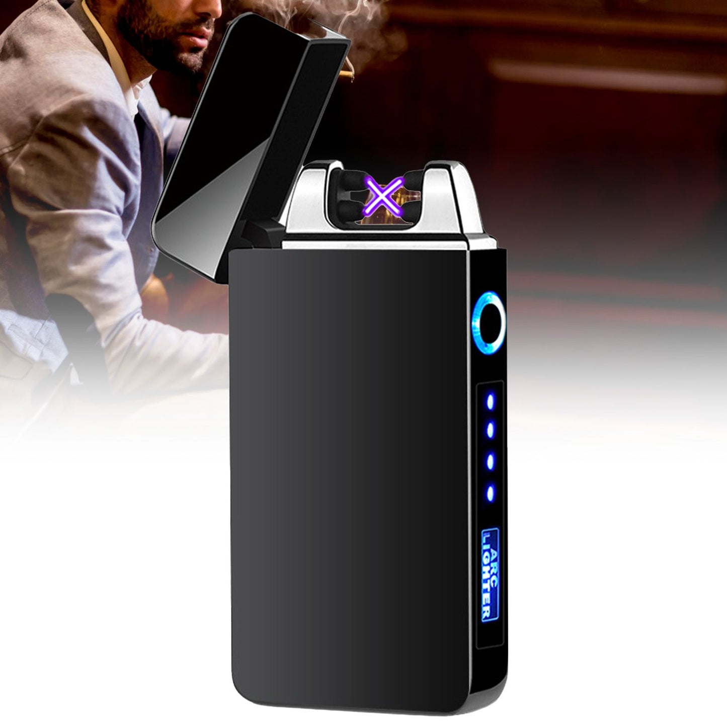 Double Arc Pulsing Cigarette Lighter Zinc Alloy Side Pressing Type Power Display Flameless Electric Lighter for Daily