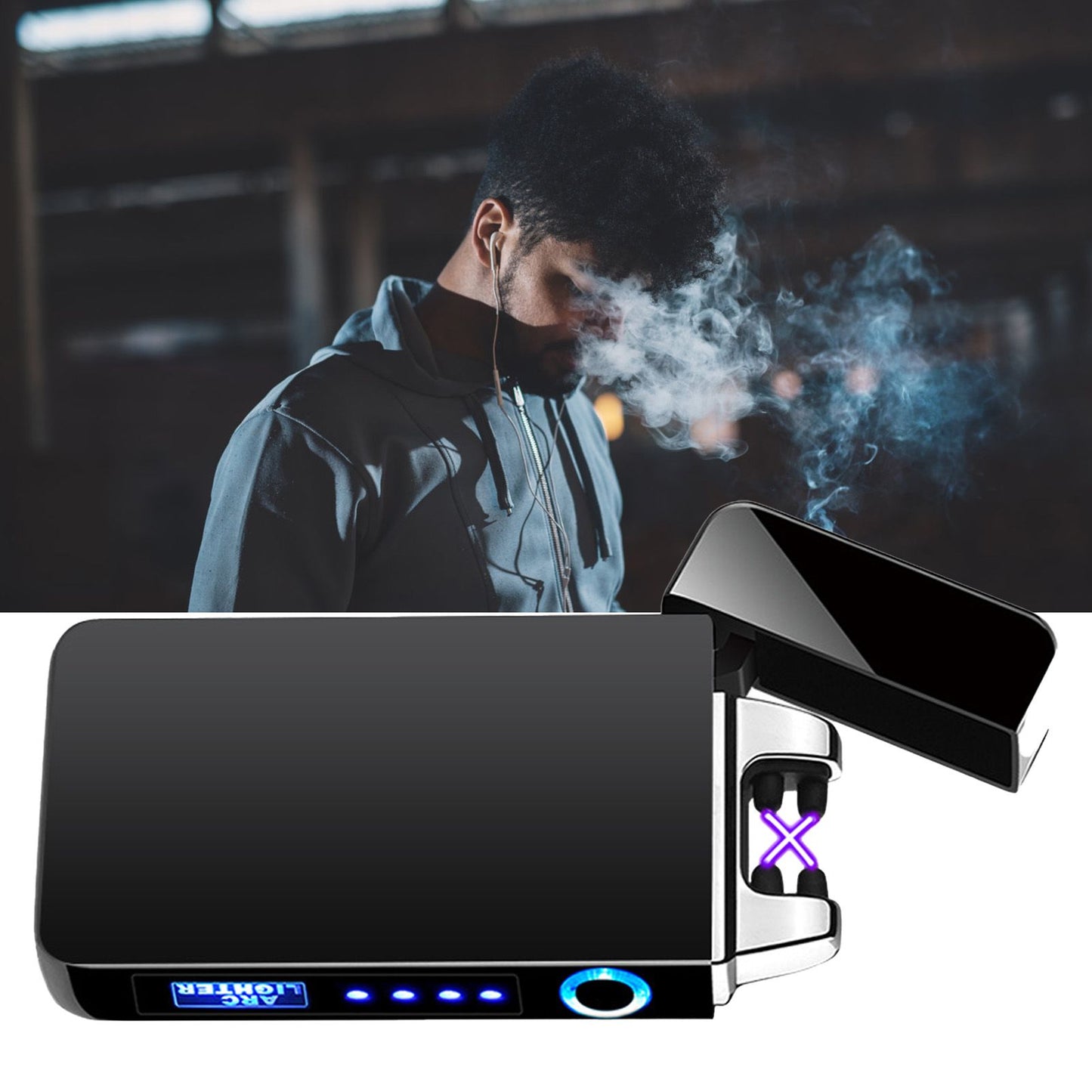 Double Arc Pulsing Cigarette Lighter Zinc Alloy Side Pressing Type Power Display Flameless Electric Lighter for Daily