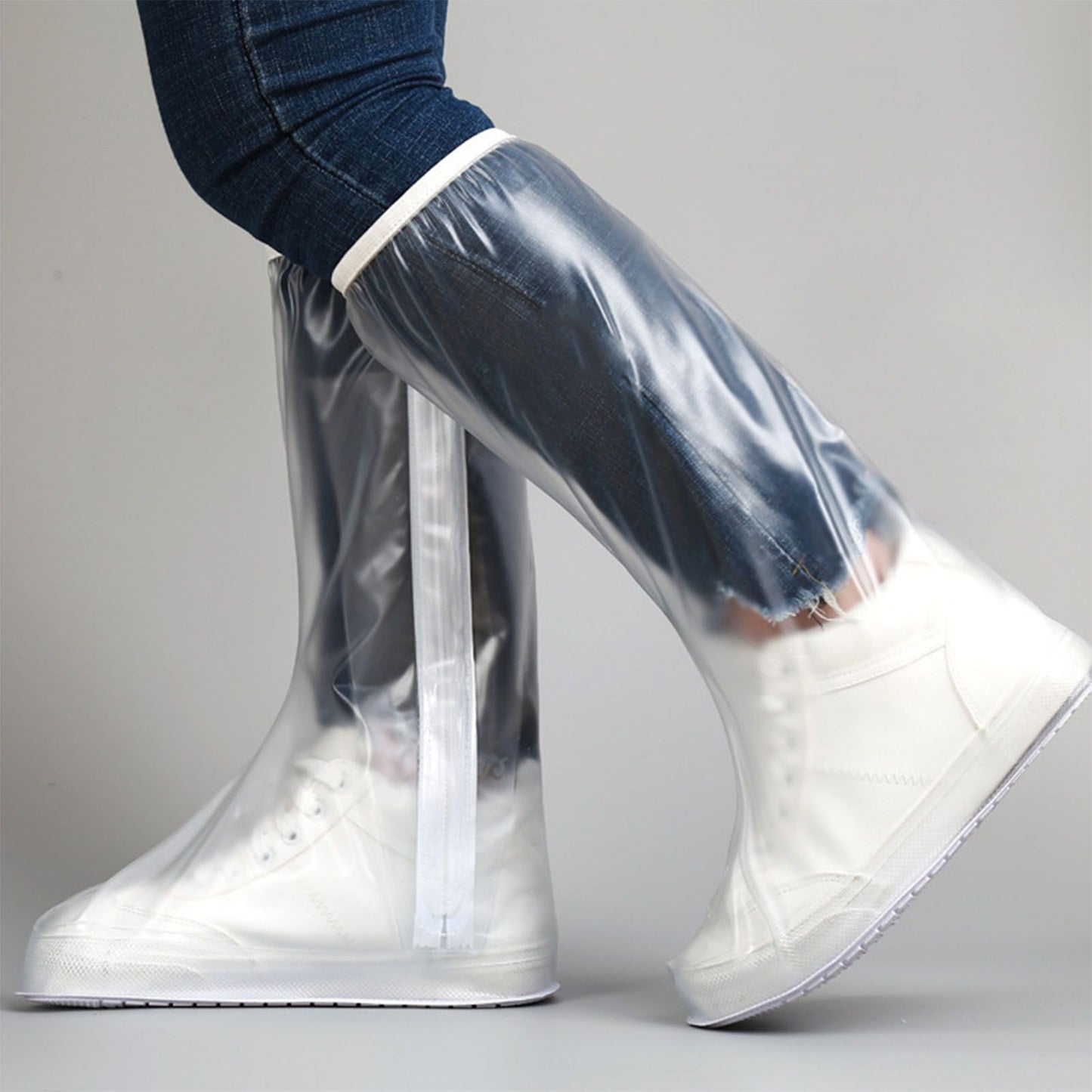 Transparent Knee High Rain Shoe Cover Reusable Waterproof Shoe Cover with Side Zipper for Men Women L