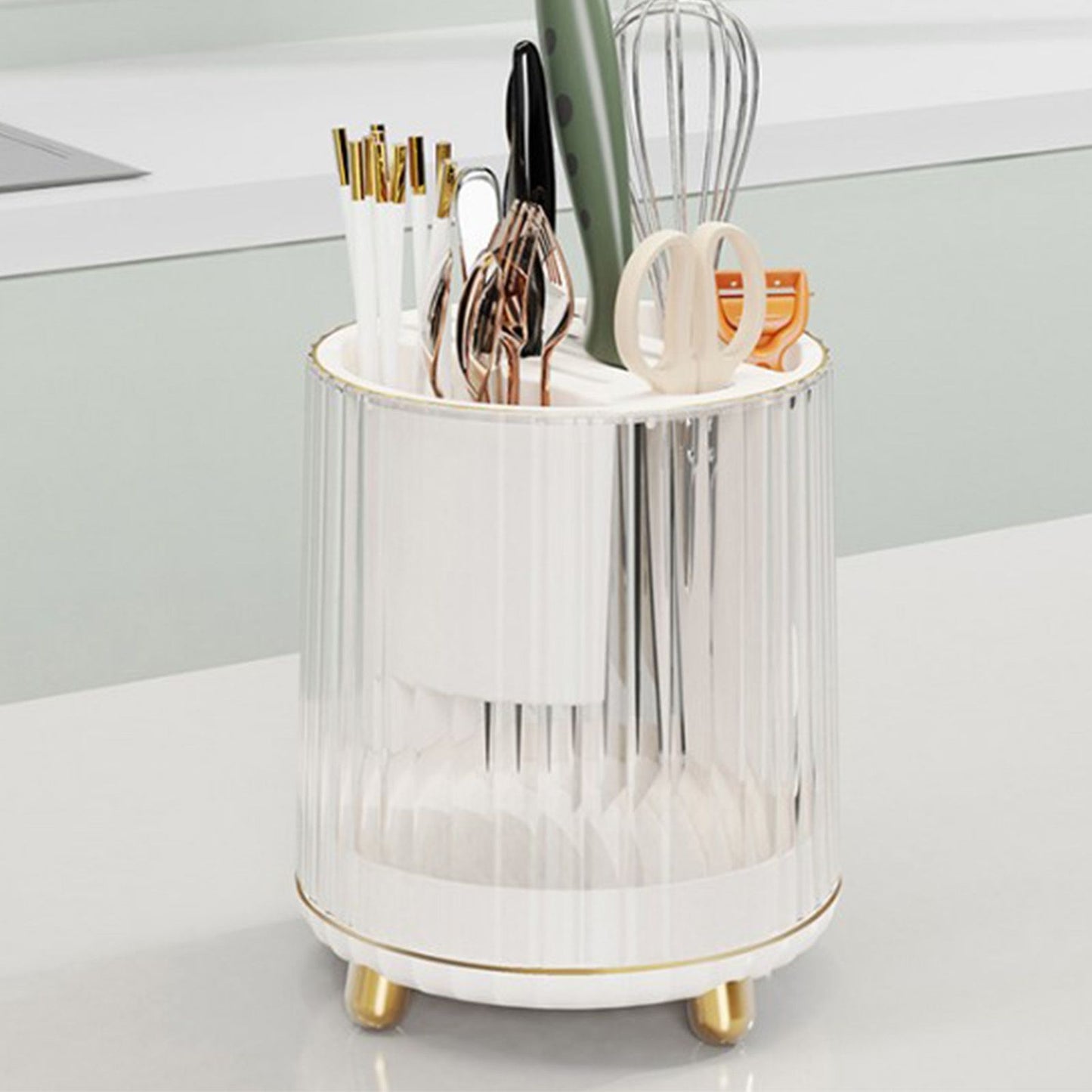Kitchen Knife Utensil Holder Rotating Knife Block Holder with Scissors Slot Multifunctional Countertop Utensil Organizer White