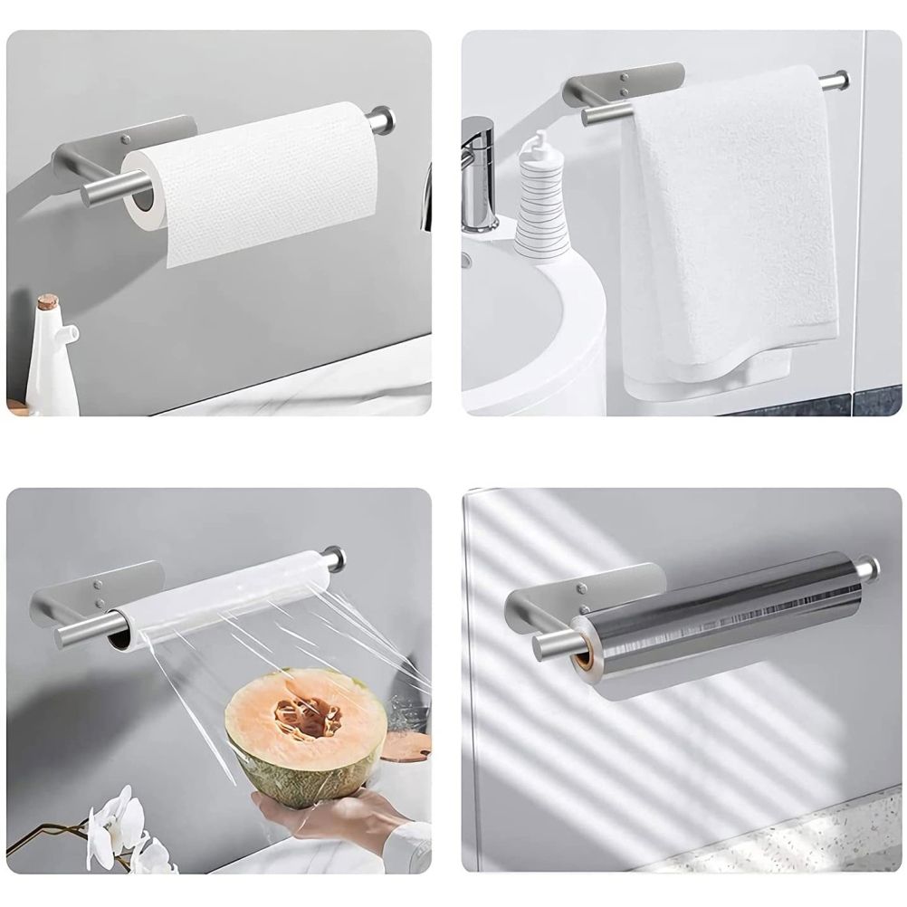 Paper Towel Holders Wall Mount Under Cabinet Self Adhesive Drilling Stainless Steel Paper Towel Rolls Holder for Kitchen Bathroom Rustproof Rack