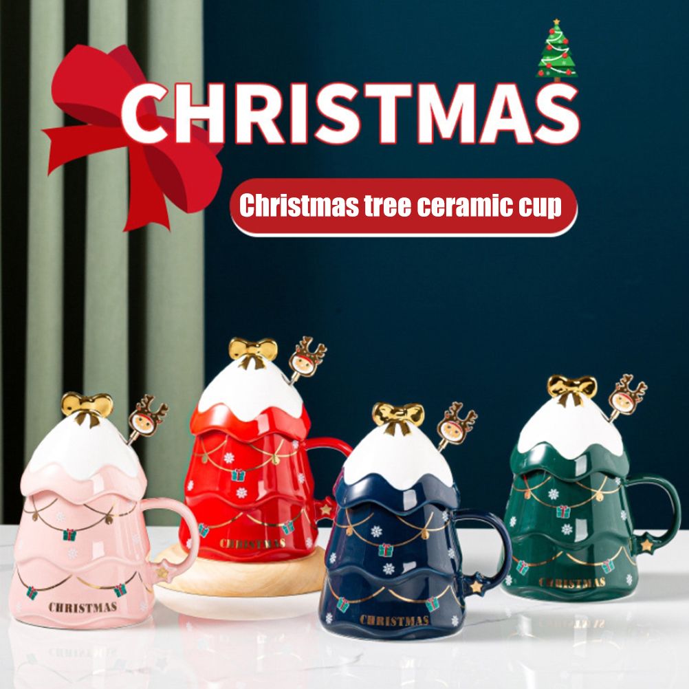 Christmas Mug Set with Cover and Spoon 500 ml Ceramic Mug for Mulled Wine Coffee Cocoa Christmas Mug Gift