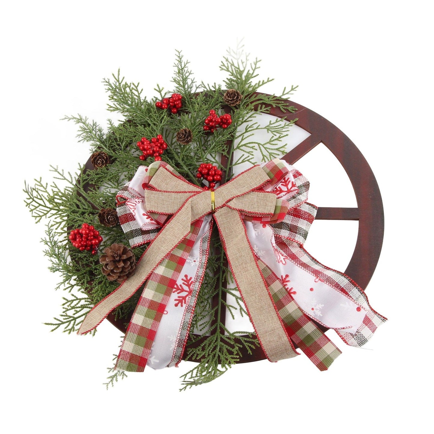 Red Truck Wheel Christmas Bowknot Wreath Fall Wreath for Front Door Wooden Hanging Ornament Wreath for Indoor Outdoor