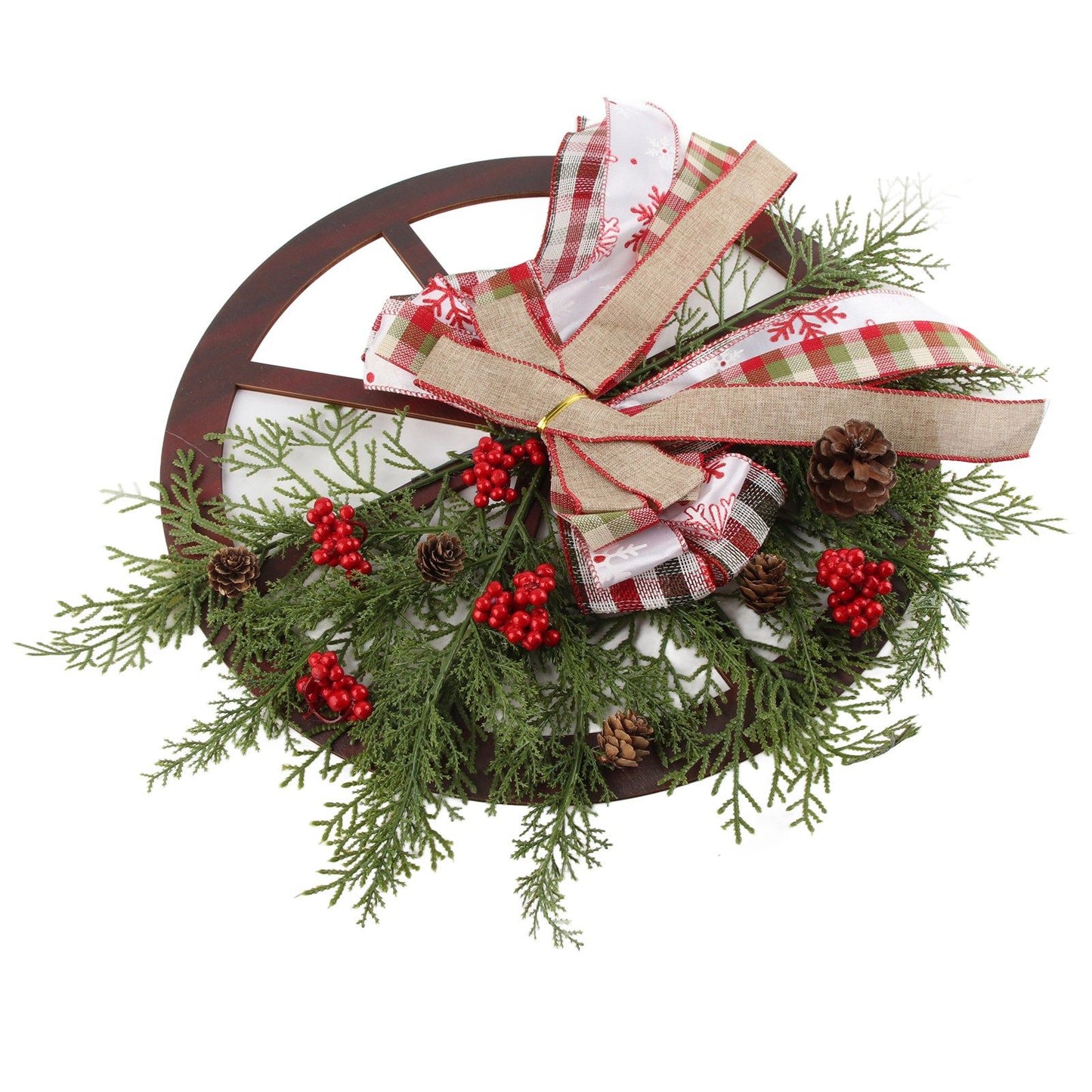 Red Truck Wheel Christmas Bowknot Wreath Fall Wreath for Front Door Wooden Hanging Ornament Wreath for Indoor Outdoor