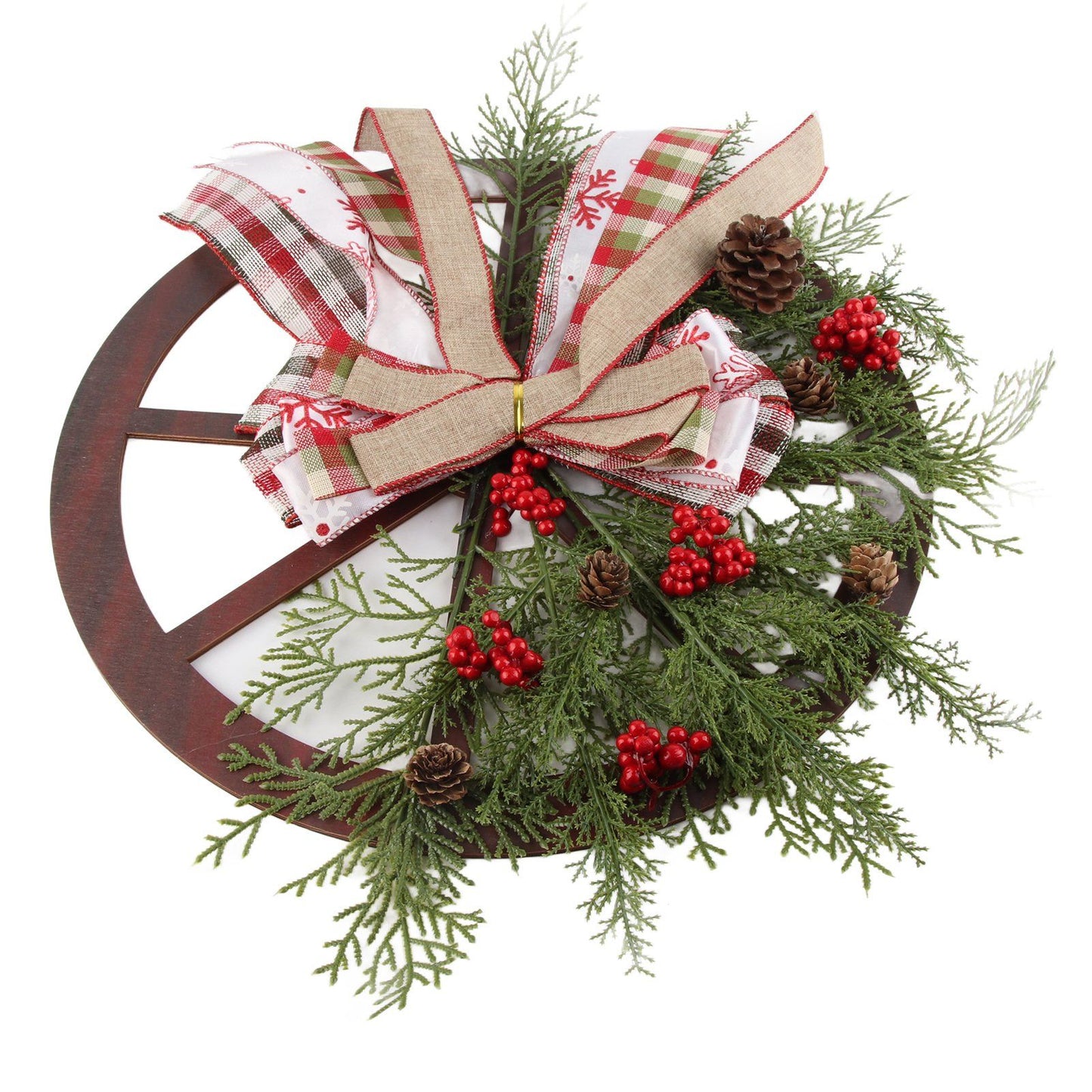 Red Truck Wheel Christmas Bowknot Wreath Fall Wreath for Front Door Wooden Hanging Ornament Wreath for Indoor Outdoor