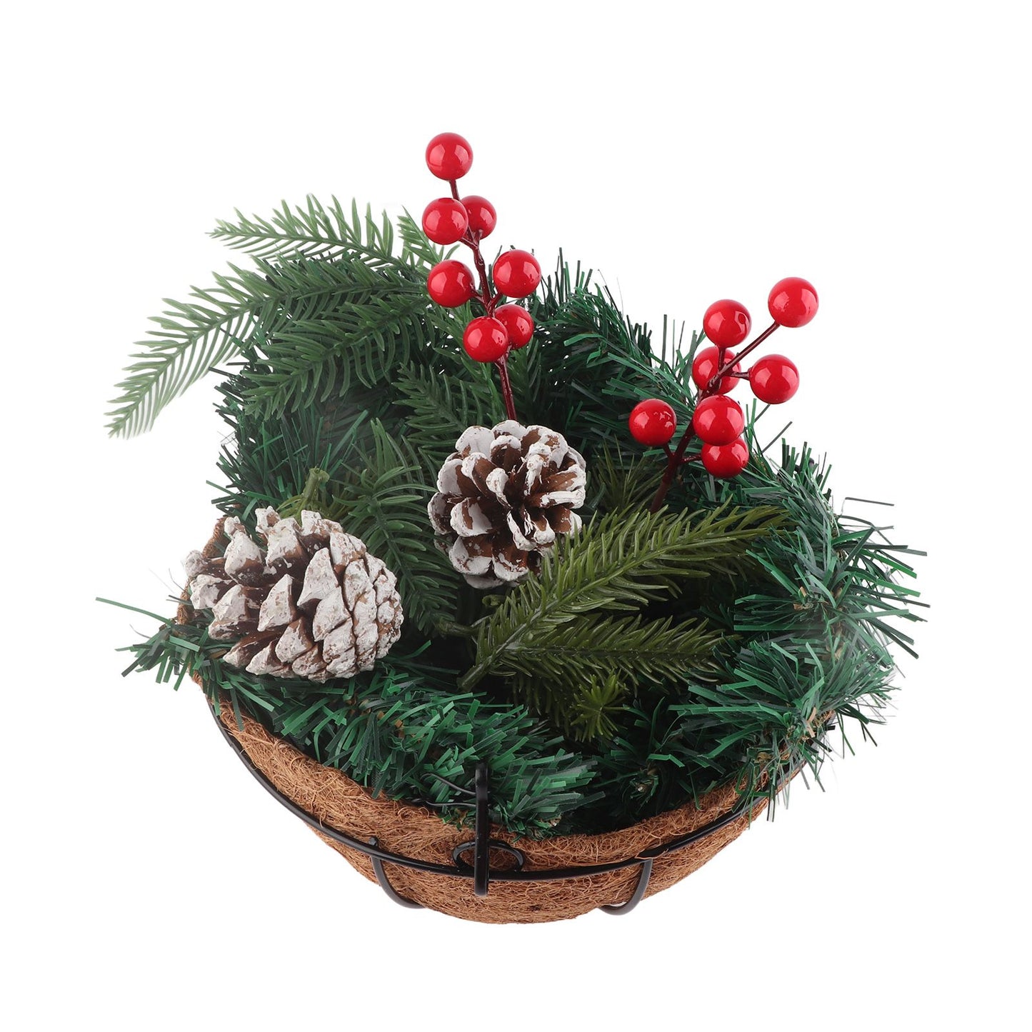 Artificial Christmas Hanging Basket Flocked with Mixed Decorations and White LED Lights Outdoor Decoration