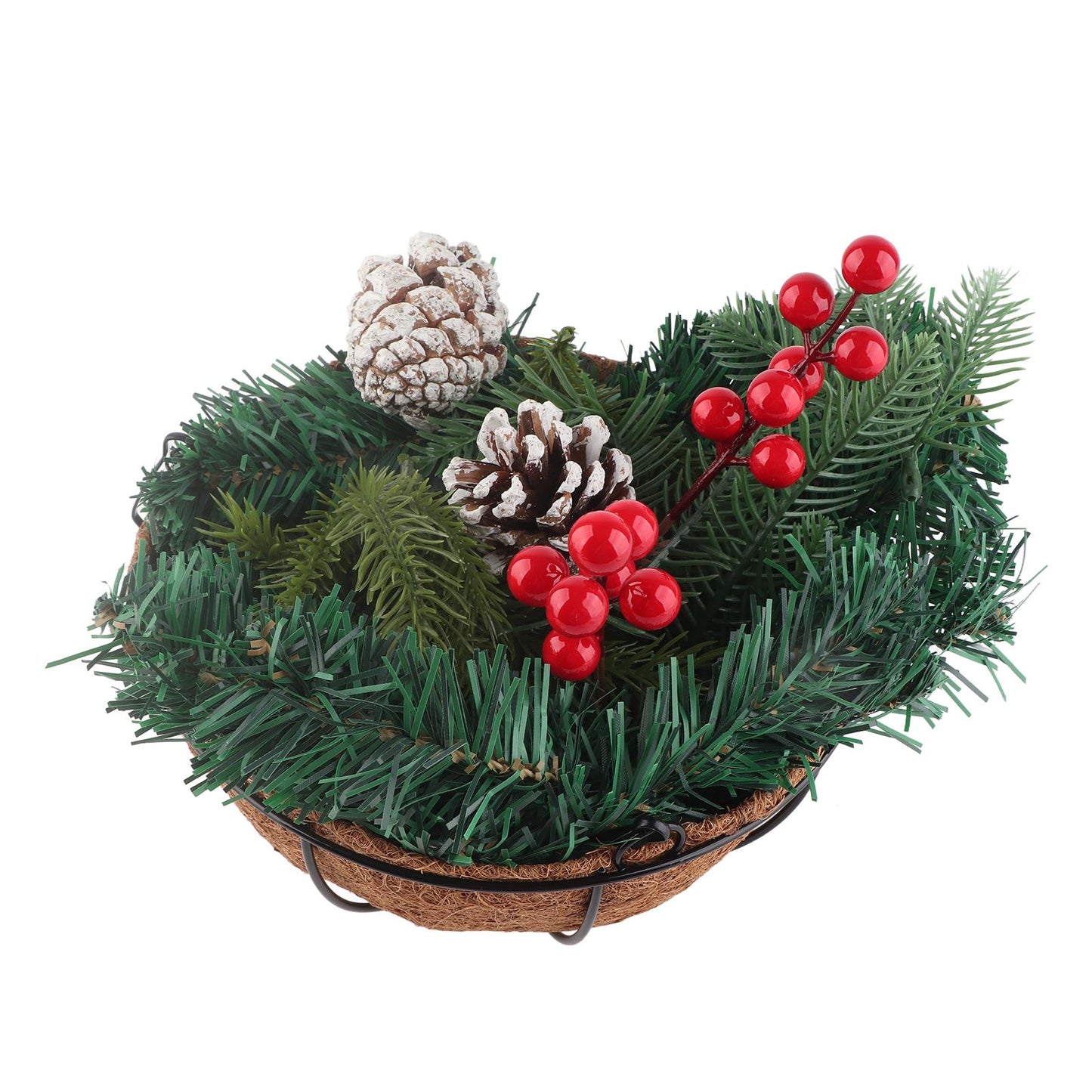 Artificial Christmas Hanging Basket Flocked with Mixed Decorations and White LED Lights Outdoor Decoration