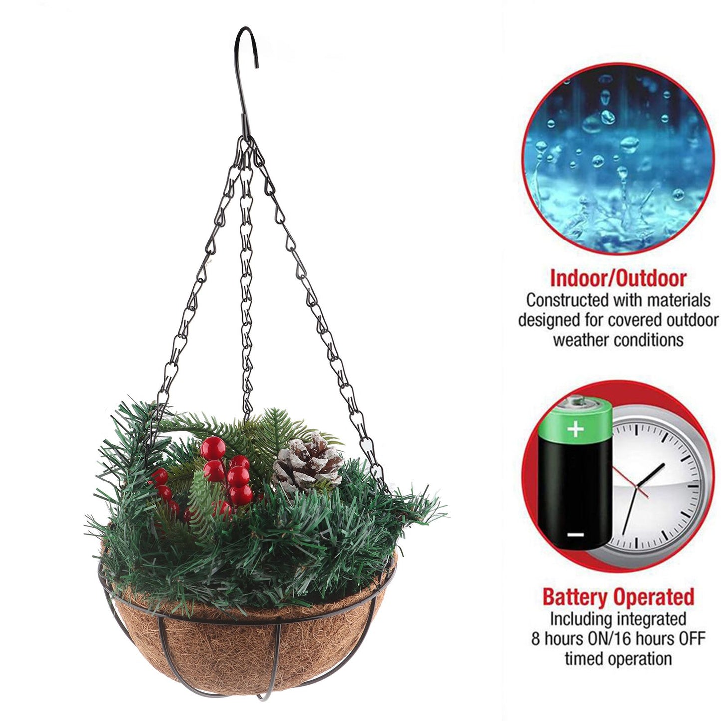 Artificial Christmas Hanging Basket Flocked with Mixed Decorations and White LED Lights Outdoor Decoration