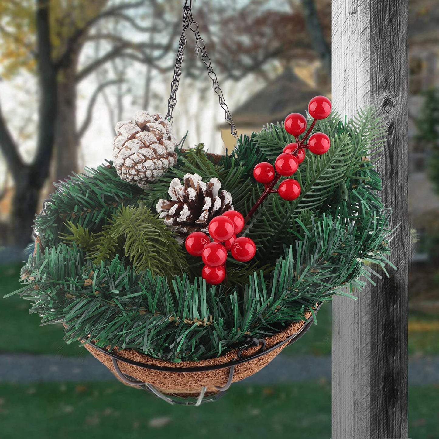 Artificial Christmas Hanging Basket Flocked with Mixed Decorations and White LED Lights Outdoor Decoration