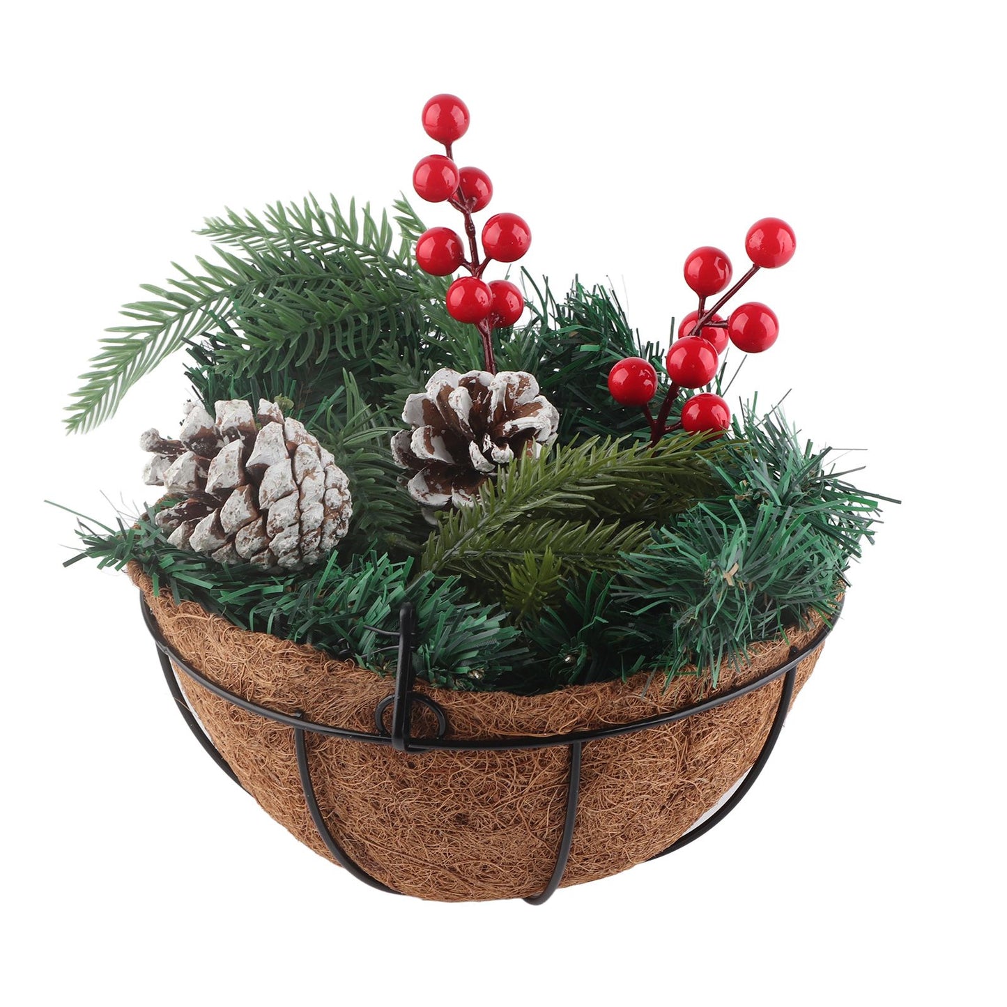 Artificial Christmas Hanging Basket Flocked with Mixed Decorations and White LED Lights Outdoor Decoration