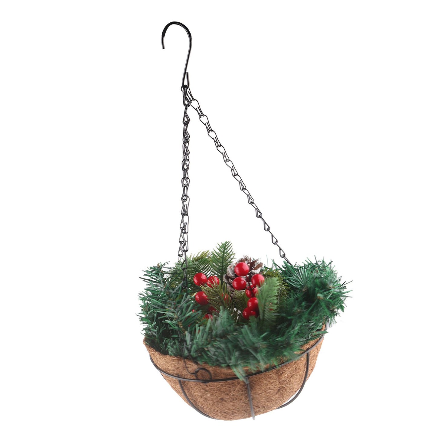 Artificial Christmas Hanging Basket Flocked with Mixed Decorations and White LED Lights Outdoor Decoration