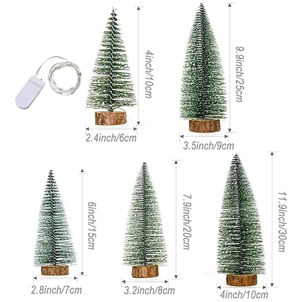 7PCS Christmas Decorations Mini Sisal Christmas Trees Pine Trees Ornaments with Lamp and Wooden Base for Christmas Party Home Decoration