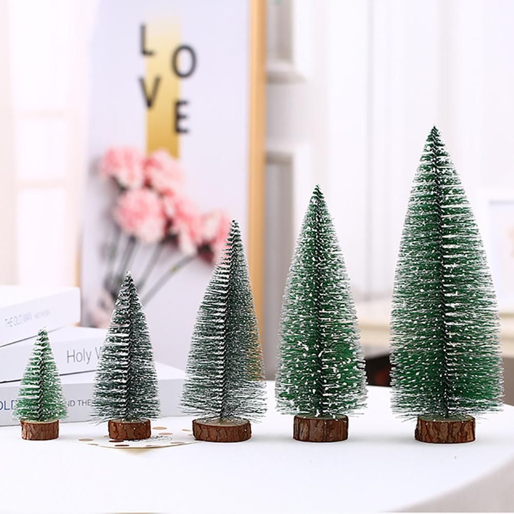 7PCS Christmas Decorations Mini Sisal Christmas Trees Pine Trees Ornaments with Lamp and Wooden Base for Christmas Party Home Decoration