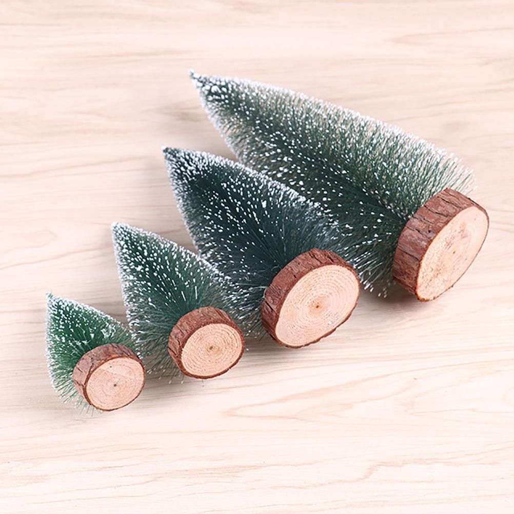 7PCS Christmas Decorations Mini Sisal Christmas Trees Pine Trees Ornaments with Lamp and Wooden Base for Christmas Party Home Decoration