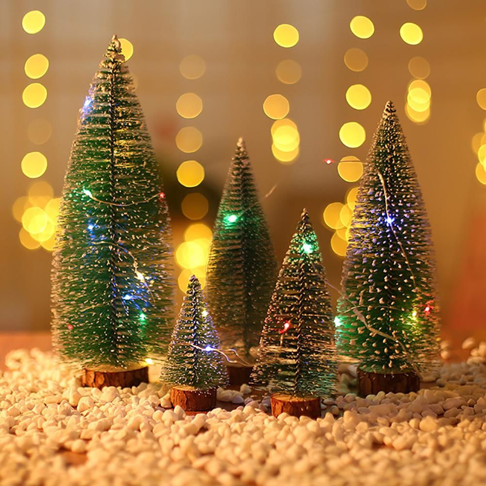 7PCS Christmas Decorations Mini Sisal Christmas Trees Pine Trees Ornaments with Lamp and Wooden Base for Christmas Party Home Decoration